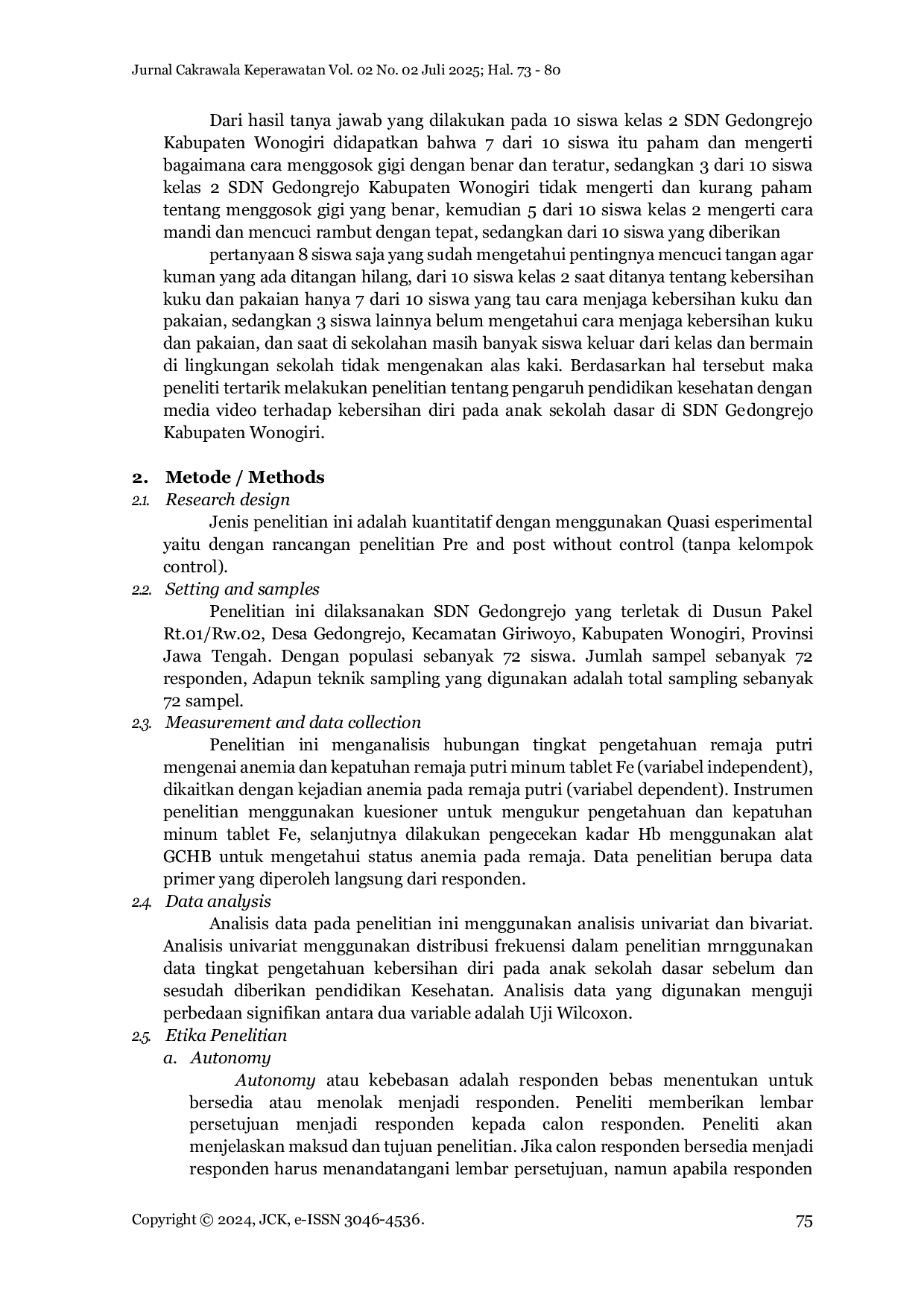 JURIS Pengaruh Pendidikan Kesehatan Dengan Media Video Terhadap Tingkat Pengetahuan Kebersihan Diri Anak Sekolah Dasar