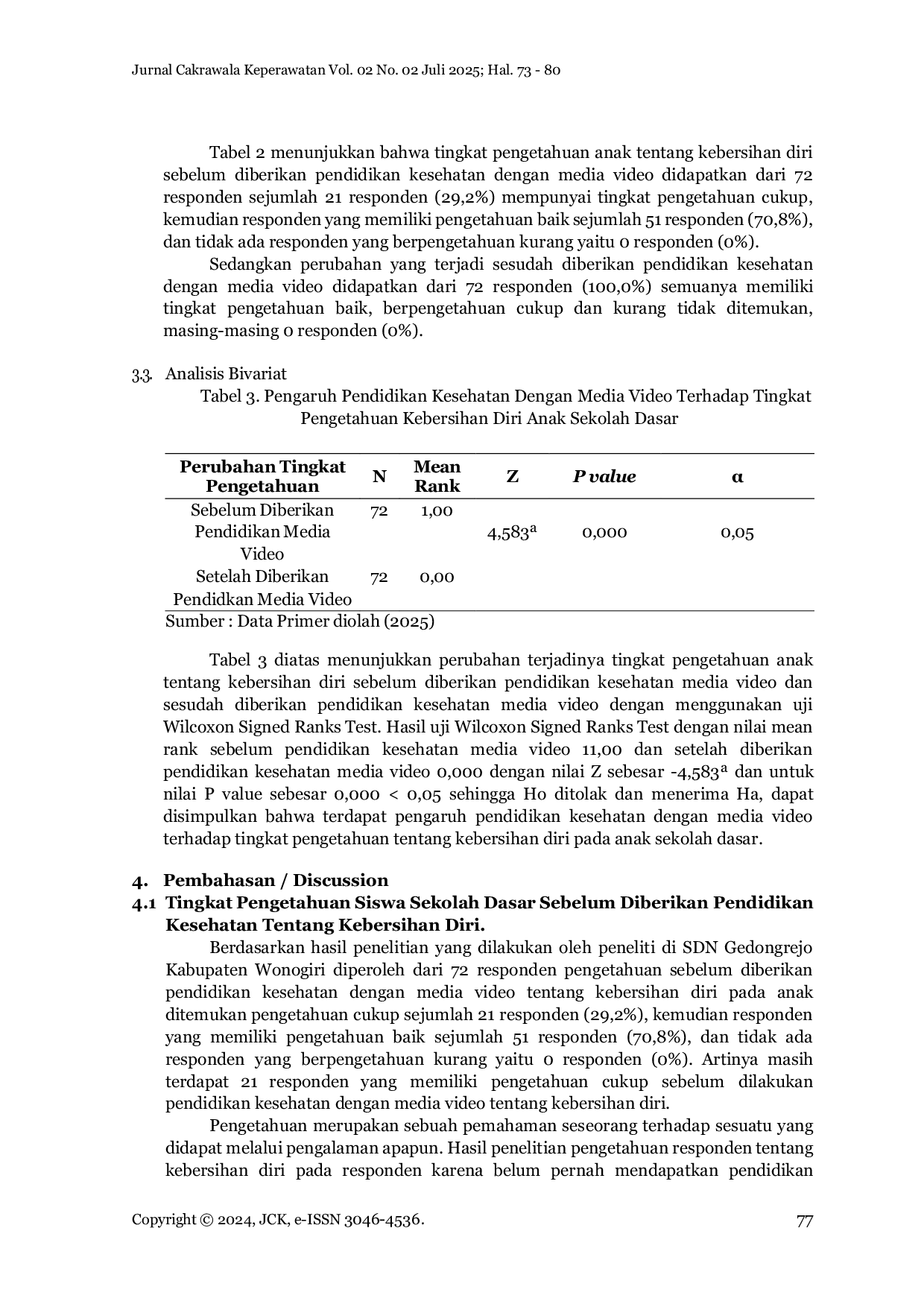 JURIS Pengaruh Pendidikan Kesehatan Dengan Media Video Terhadap Tingkat Pengetahuan Kebersihan Diri Anak Sekolah Dasar