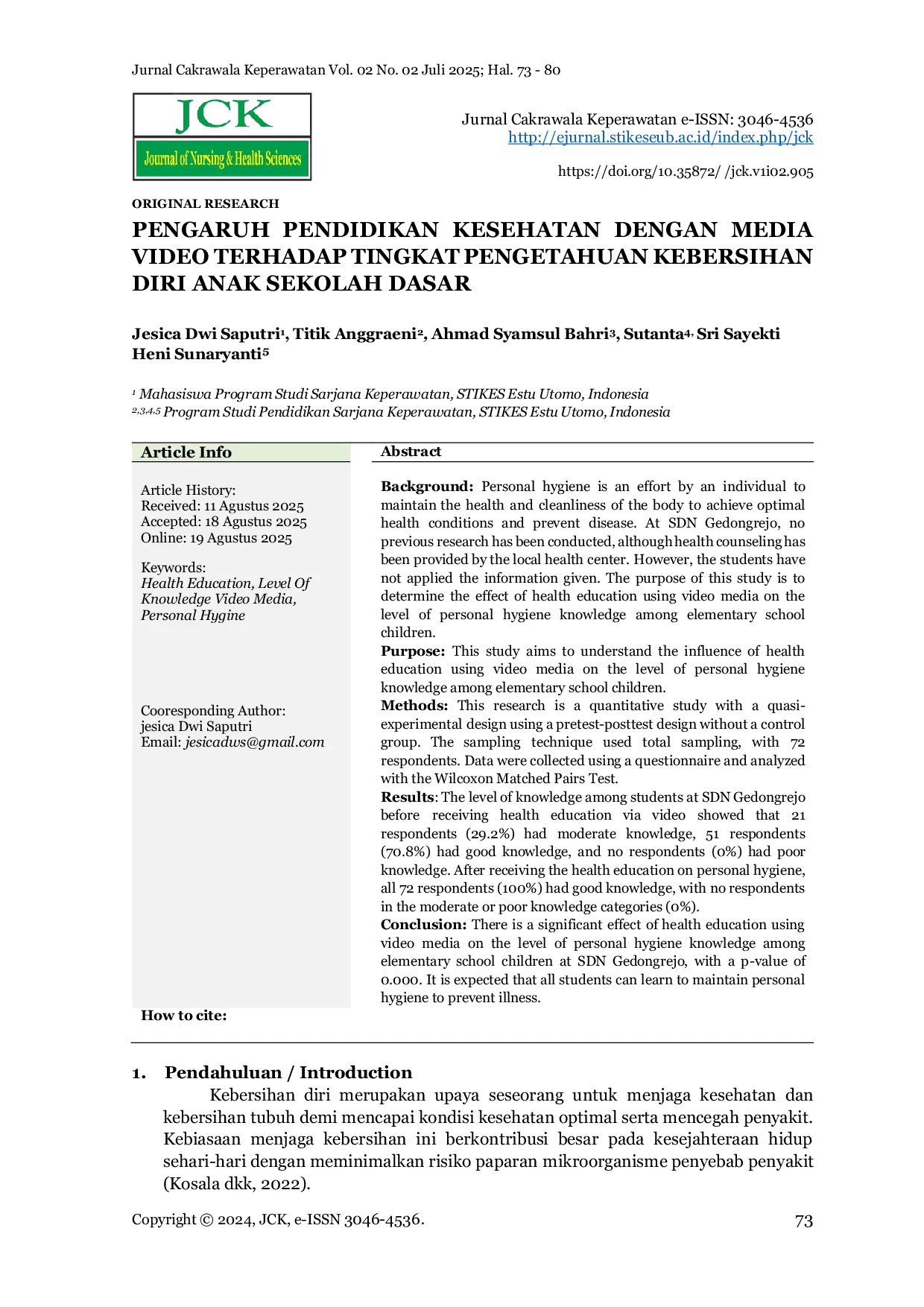 JURIS Pengaruh Pendidikan Kesehatan Dengan Media Video Terhadap Tingkat Pengetahuan Kebersihan Diri Anak Sekolah Dasar