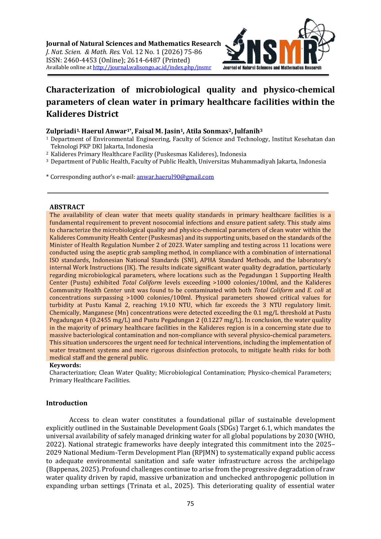 JURIS Characterization of microbiological quality and physico chemical parameters of clean water in primary healthcare facilities within the Kalideres District