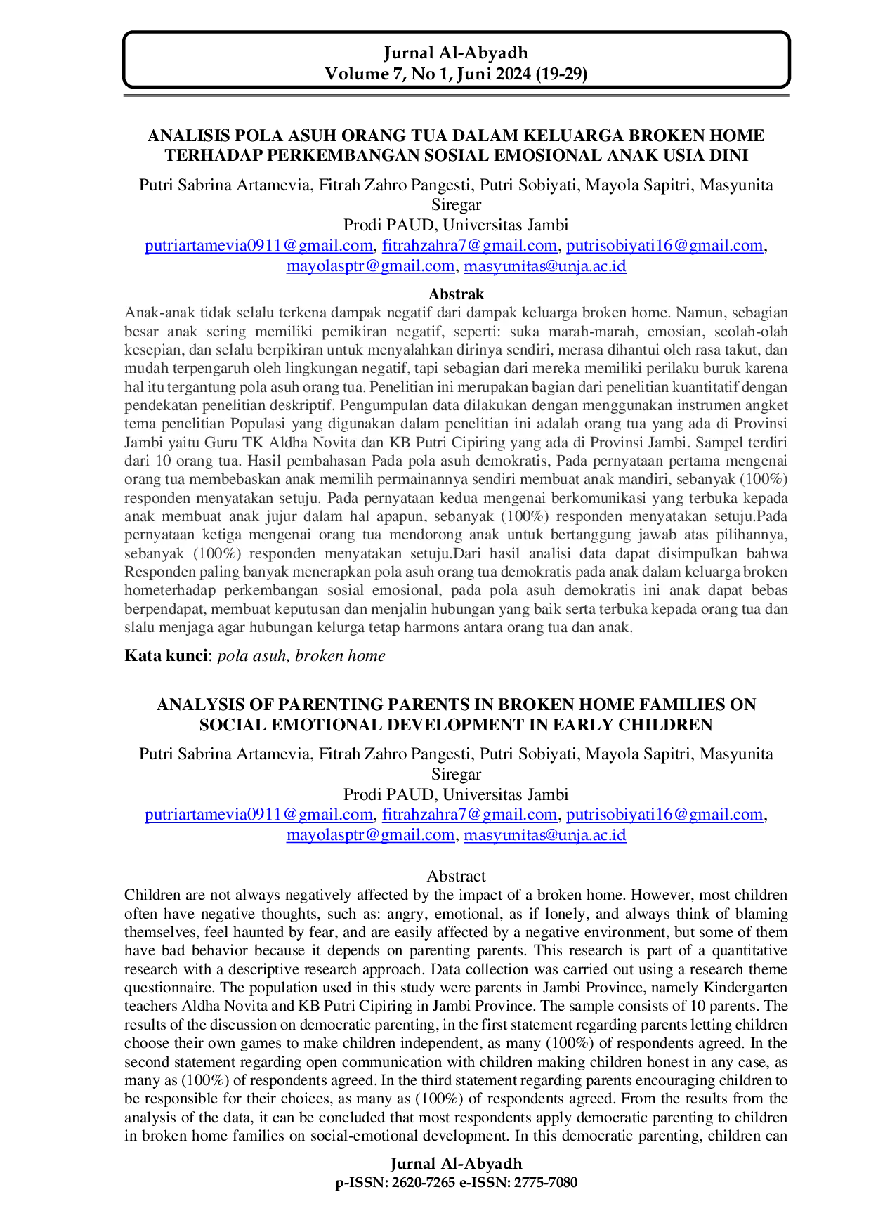 JURIS Analisis Pola Asuh Orang Tua Dalam Keluarga Broken Home Terhadap Perkembangan Sosial Emosional Anak Usia Dini