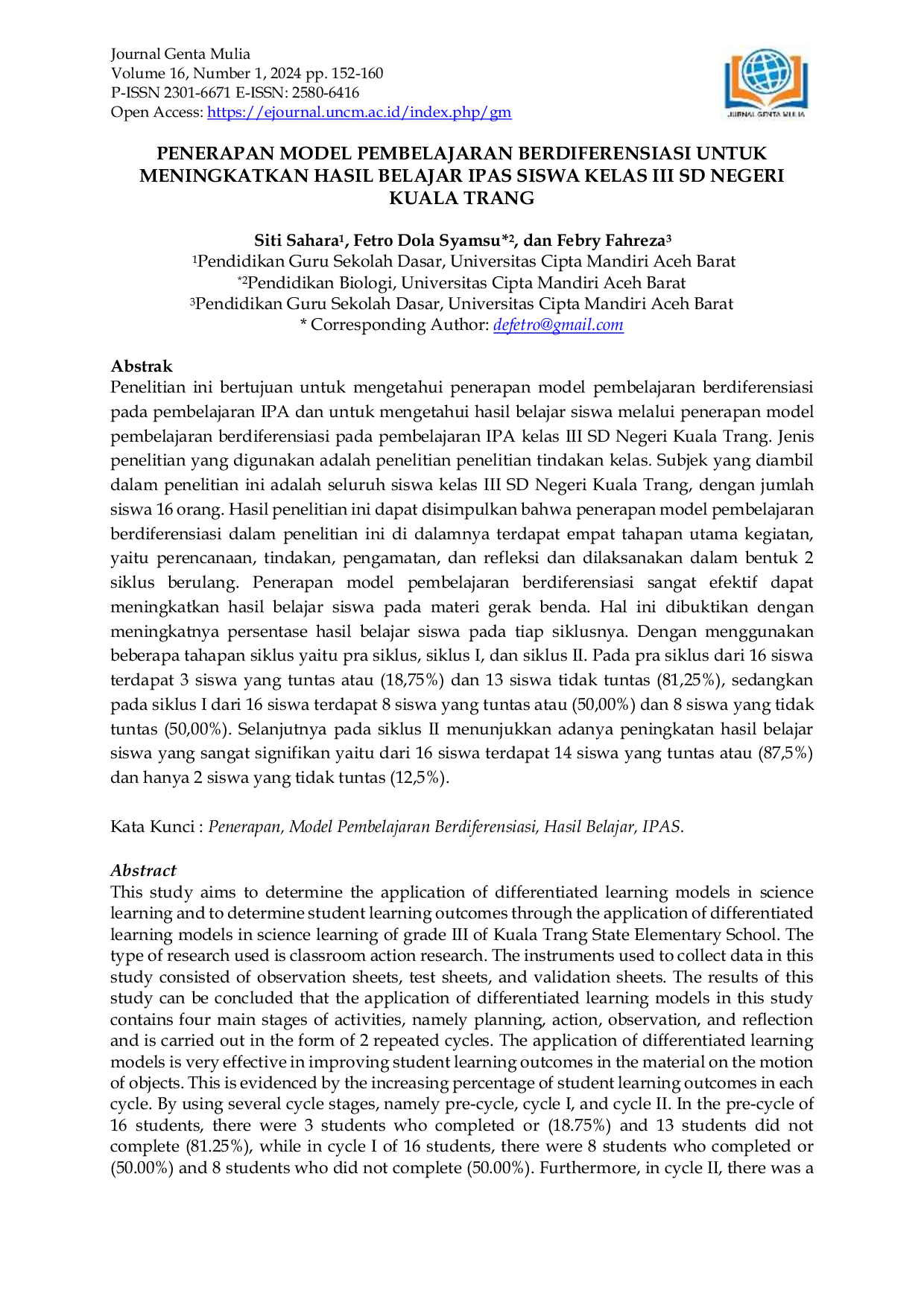 JURIS Penerapan Model Pembelajaran Berdiferensiasi untuk Meningkatkan Hasil Belajar IPAS Siswa Kelas III SD Negeri Kuala Trang