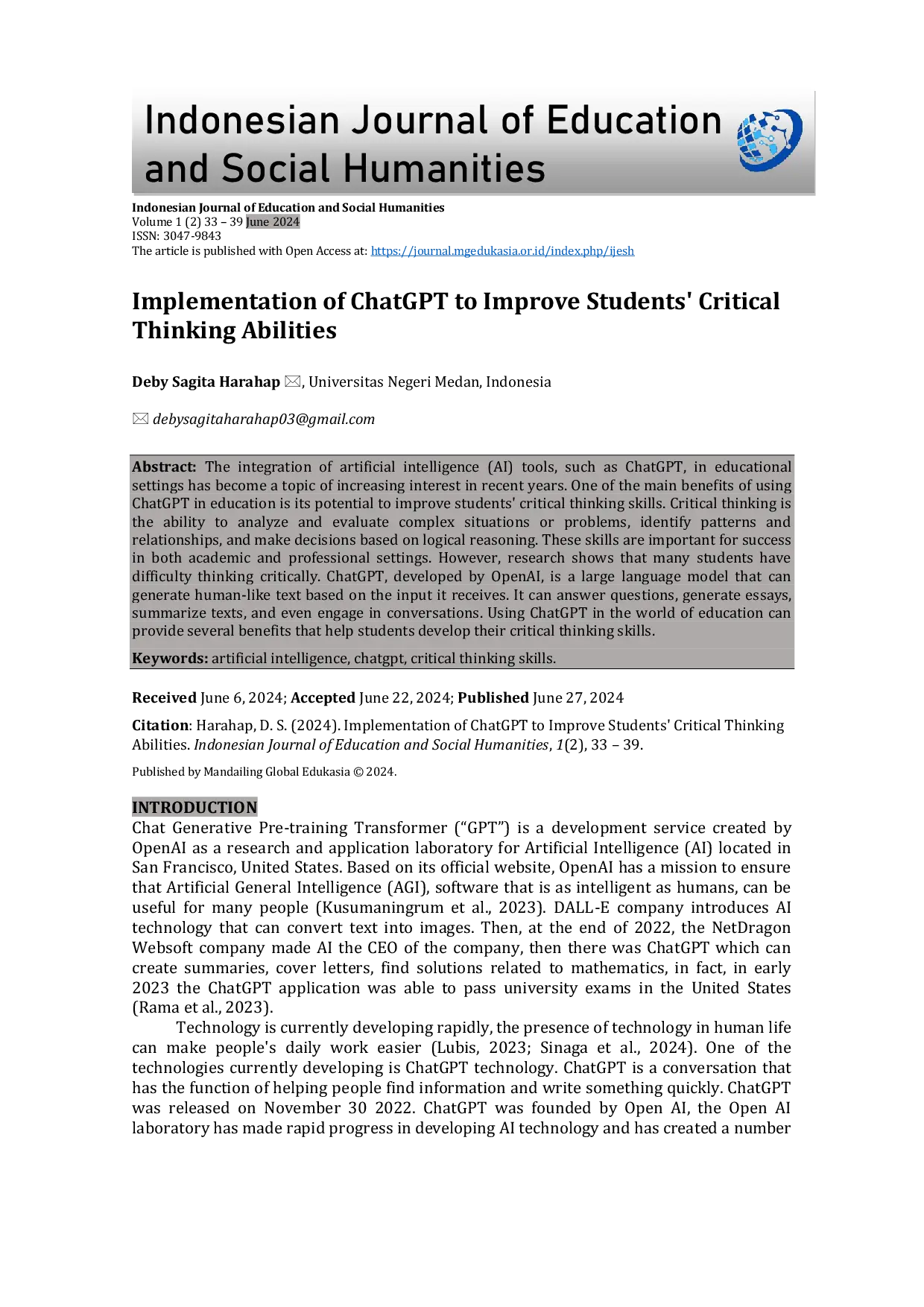 JURIS Implementation of ChatGPT to Improve Students Critical Thinking Abilities