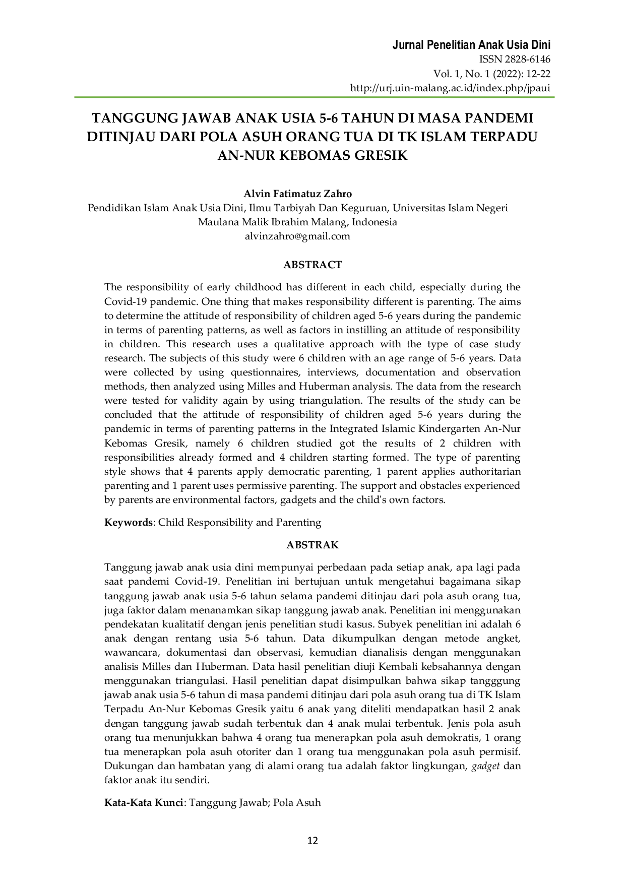 JURIS Tanggung Jawab Anak Usia 5 6 Tahun Di Masa Pandemi Ditinjau Dari Pola Asuh Orang Tua Di Tk Islam Terpadu An Nur Kebomas Gresik
