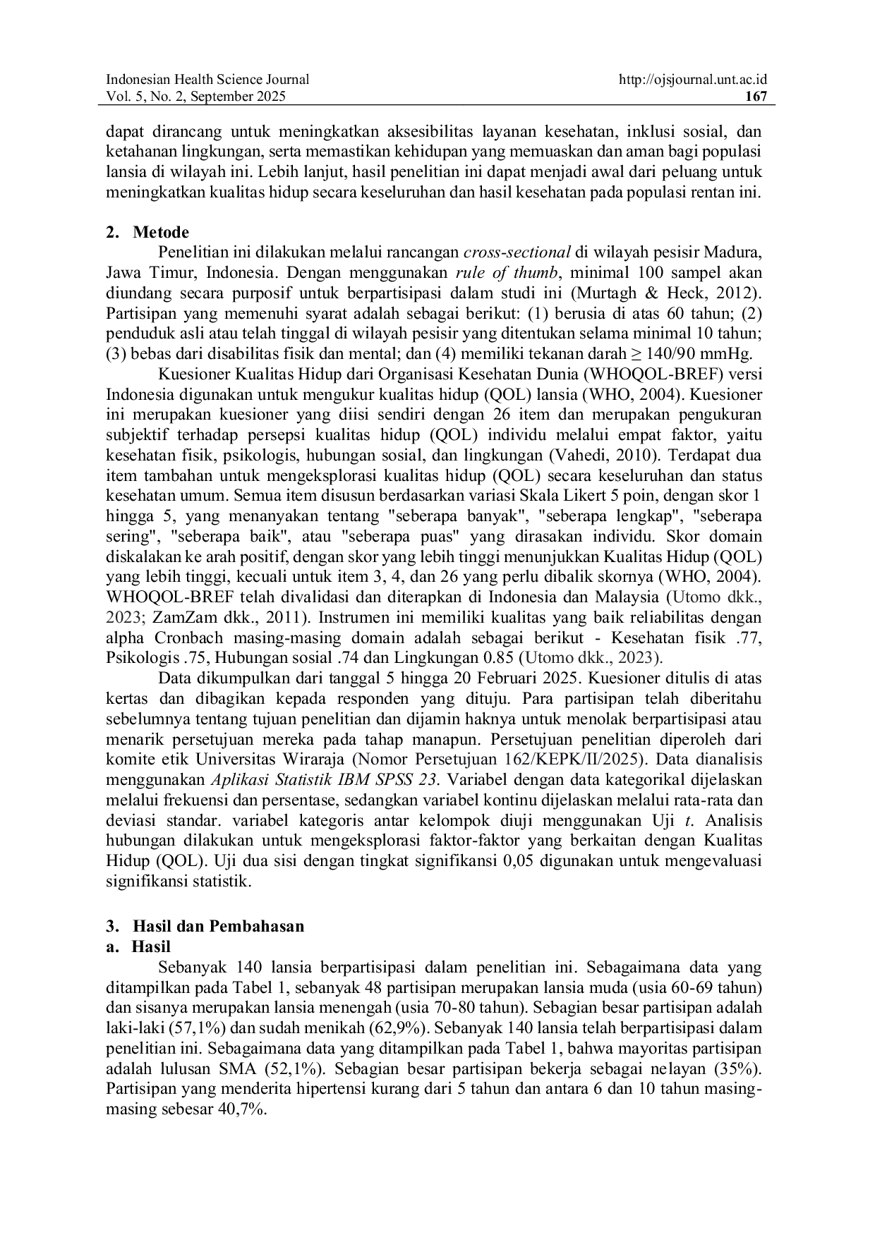 JURIS Kualitas Hidup Lansia Penderita Hipertensi yang Tinggal di Wilayah Pesisir