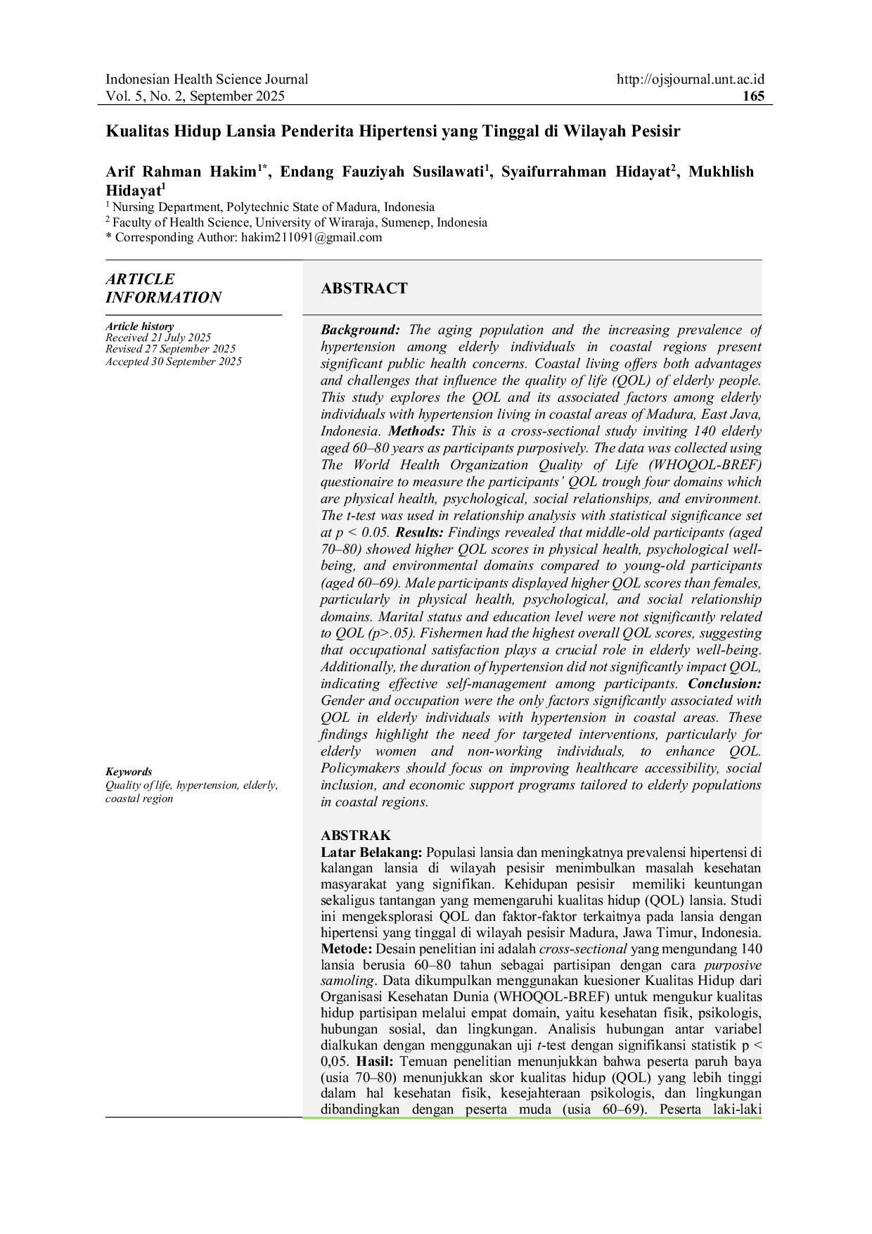 JURIS Kualitas Hidup Lansia Penderita Hipertensi yang Tinggal di Wilayah Pesisir