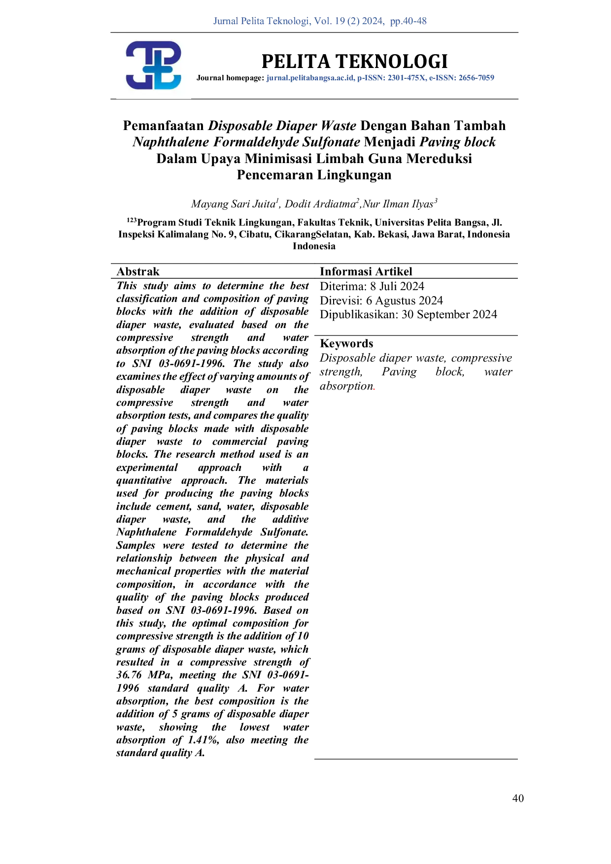 JURIS Pemanfaatan Disposable Diaper Waste Dengan Bahan Tambah Naphthalene Formaldehyde Sulfonate Menjadi Paving block Dalam Upaya Minimisasi Limbah Guna Mereduksi Pencemaran Lingkungan