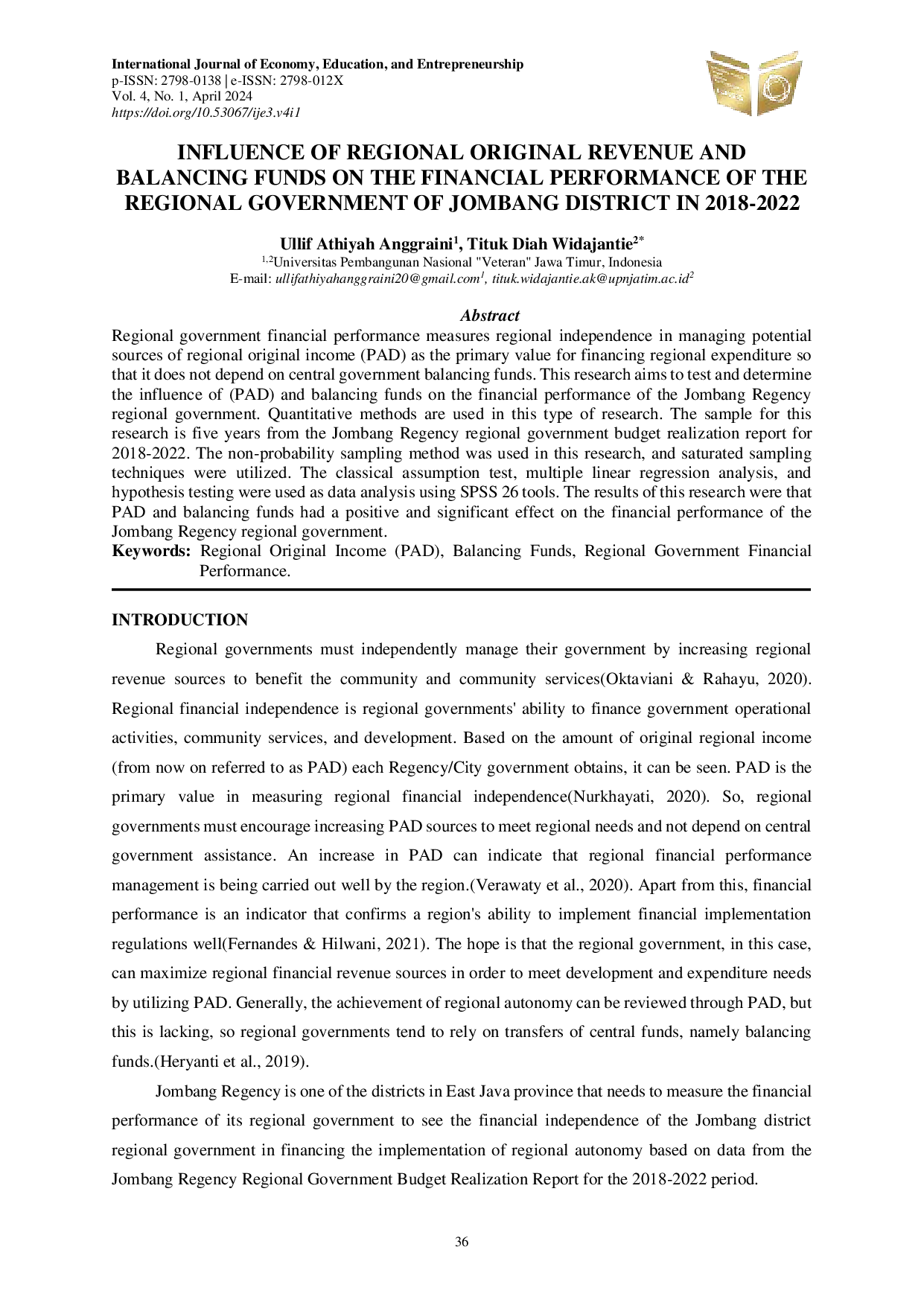 JURIS Influence of Regional Original Revenue and Balancing Funds on the Financial Performance of the Regional Government of Jombang District in 2018 2022