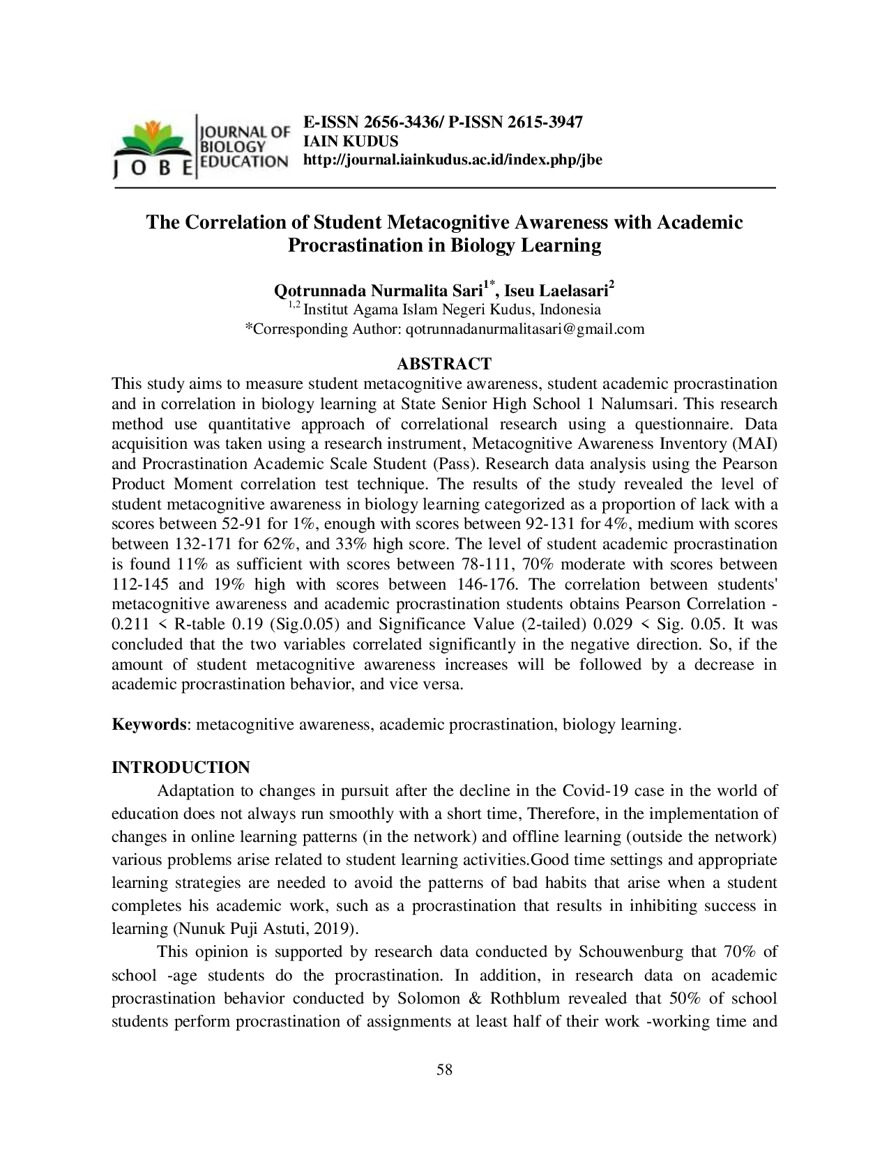 JURIS The Correlation of Student Metacognitive Awareness with Academic Procrastination in Biology Learning