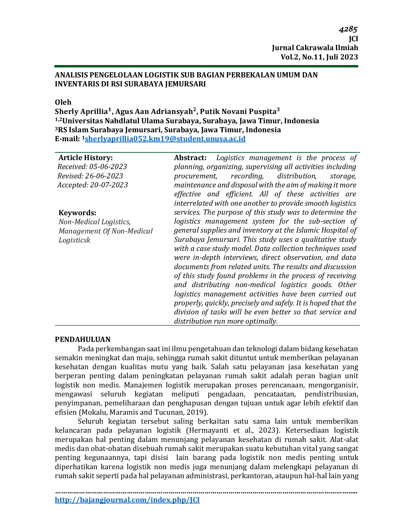 JURIS Analisis Pengelolaan Logistik Sub Bagian Perbekalan Umum dan Inventaris di RSI Surabaya Jemursari