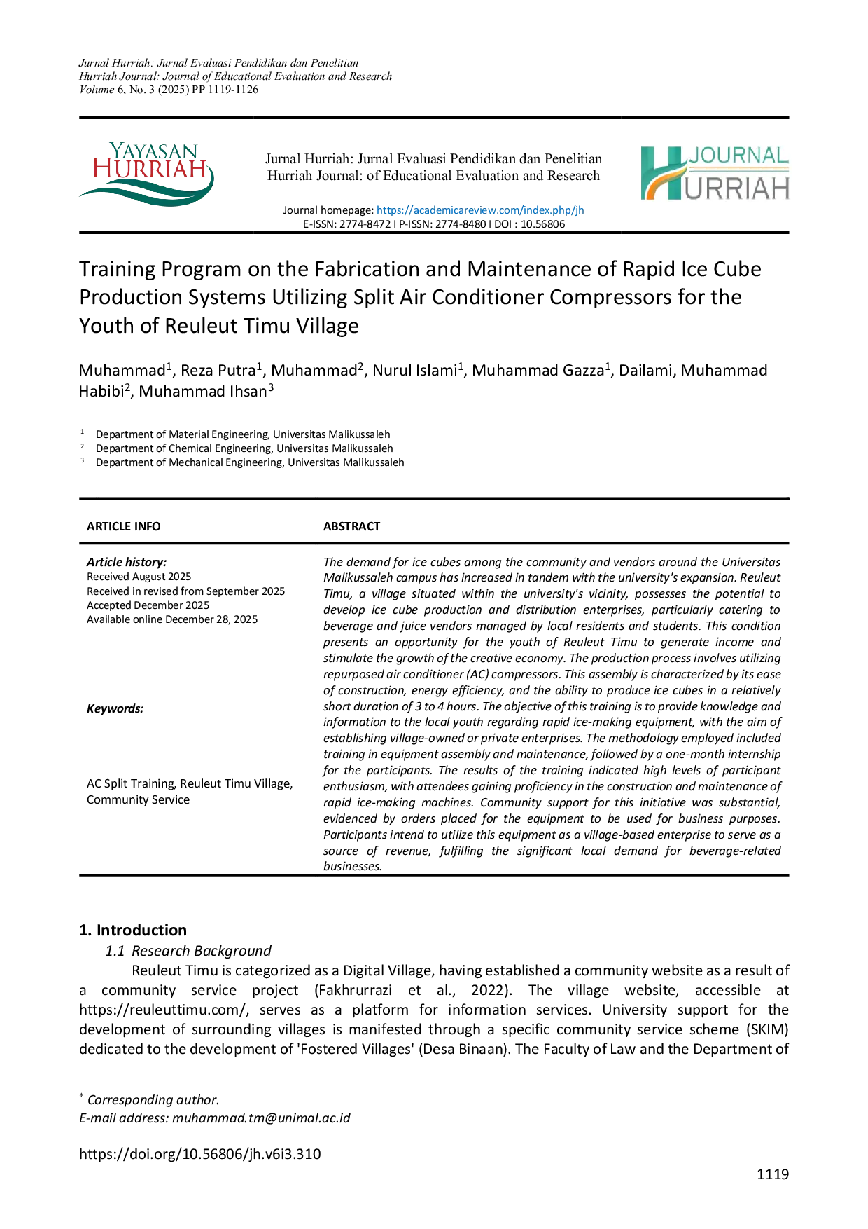 JURIS Training Program on the Fabrication and Maintenance of Rapid Ice Cube Production Systems Utilizing Split Air Conditioner Compressors for the Youth of Reuleut Timu Village