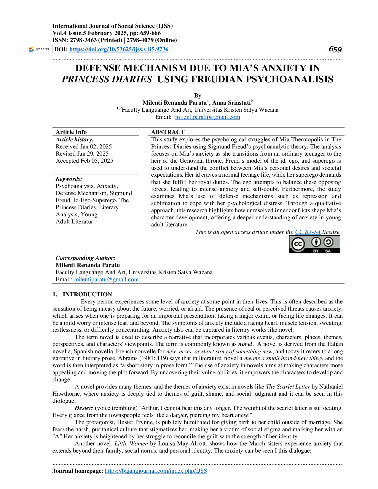 JURIS Defense Mechanism Due to Mia s Anxiety in Princess Diaries Using Freudian Psychoanalysis