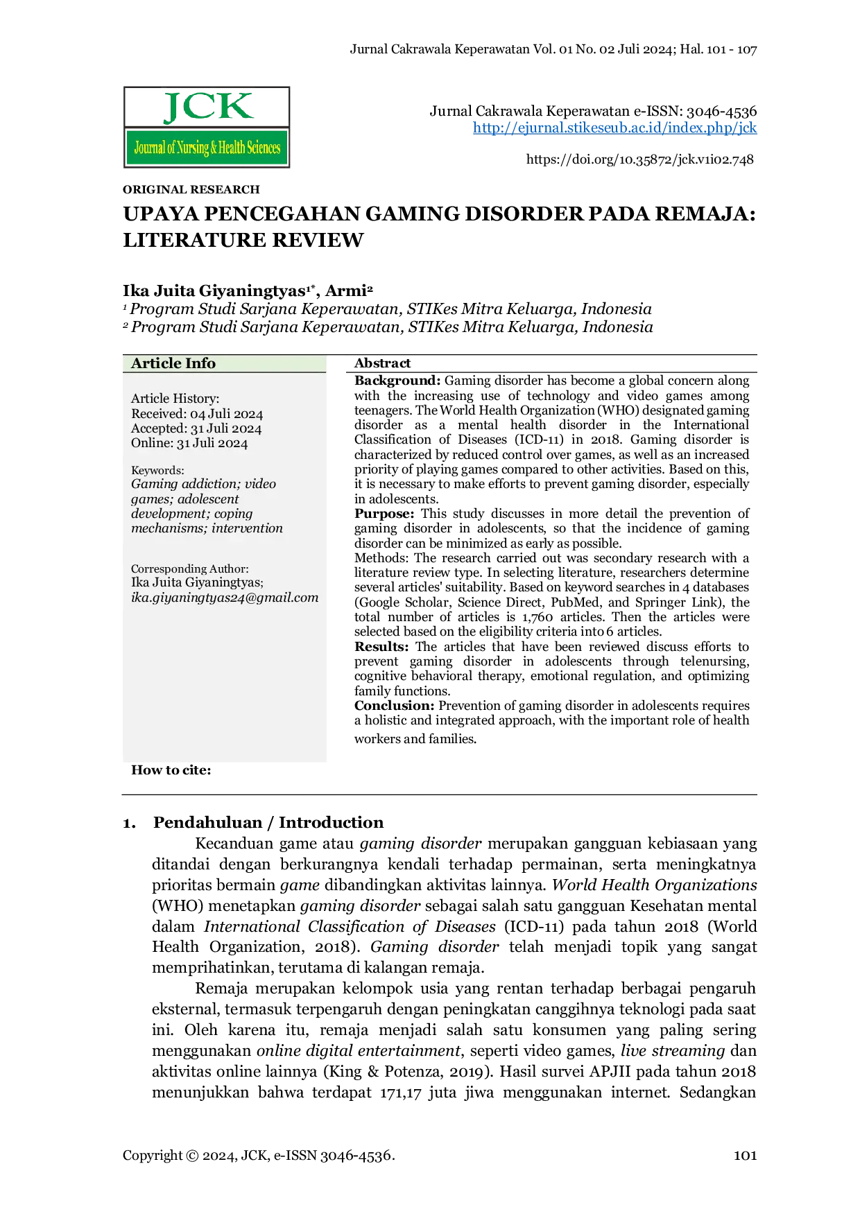 JURIS Upaya Pencegahan Gaming Disorder Pada Remaja Literature Review