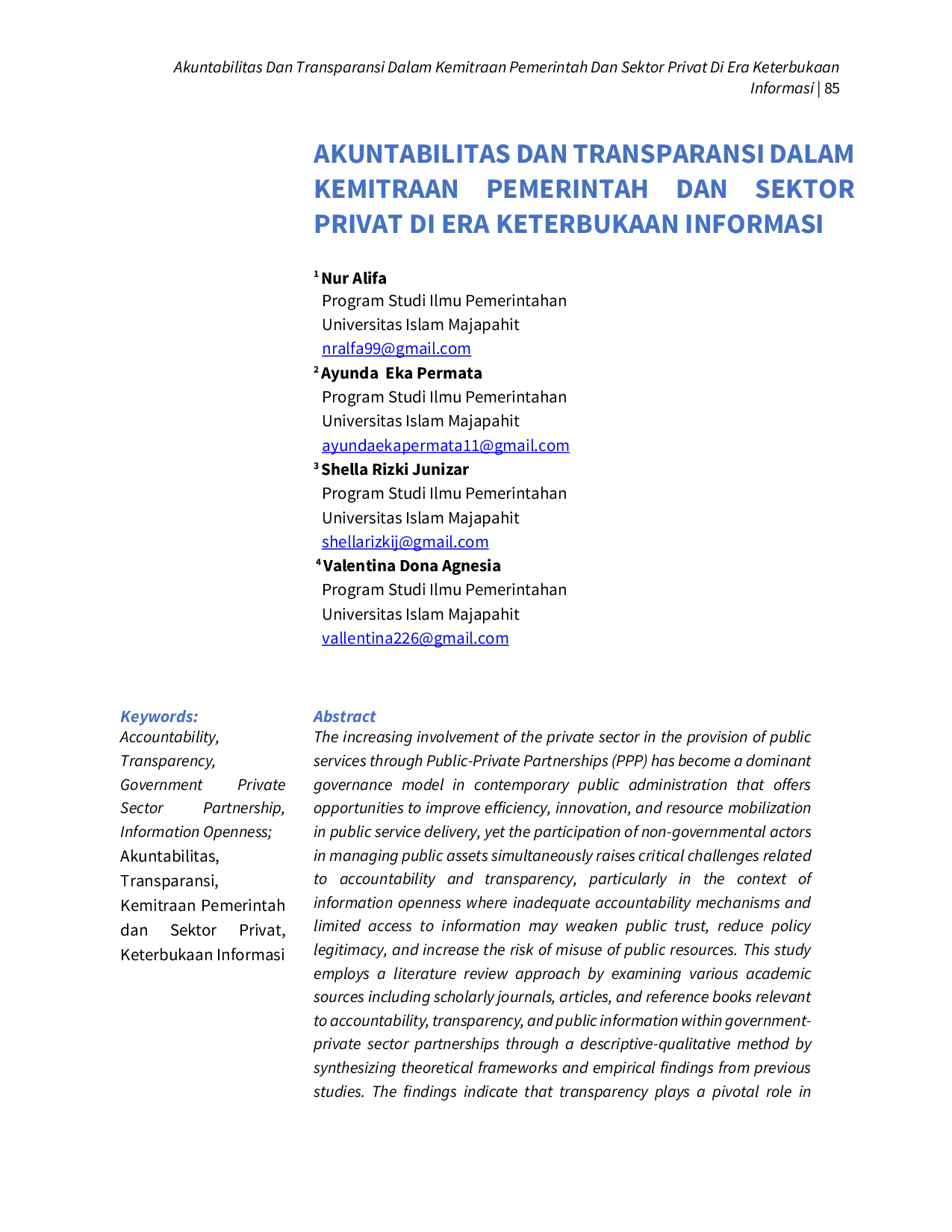 JURIS Akuntabilitas dan Transparansi dalam Kemitraan Pemerintah dan Sektor Privat di Era Keterbukaan Informasi