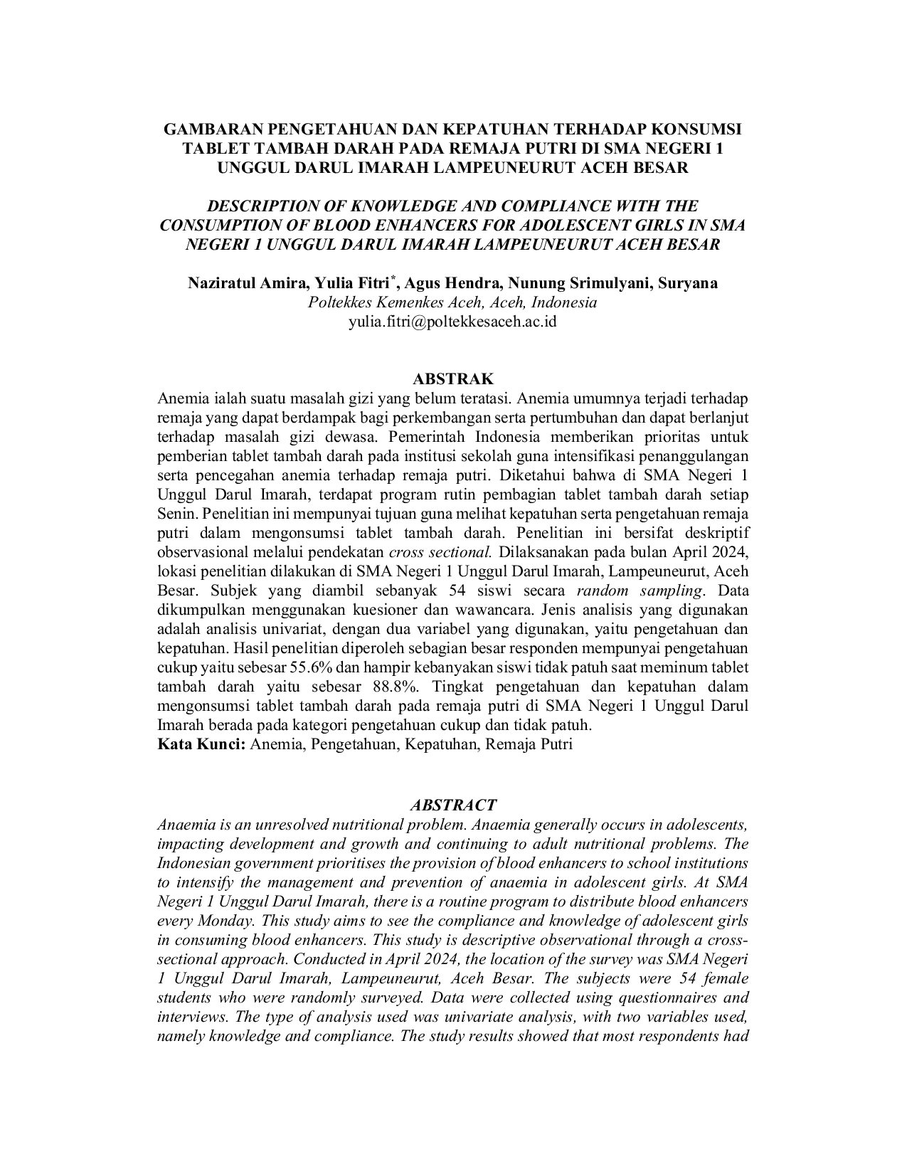 JURIS Gambaran Pengetahuan Dan Kepatuhan Terhadap Konsumsi Tablet Tambah Darah Pada Remaja Putri Di SMA Negeri 1 Unggul Darul Imarah Lampeuneurut Aceh Besar
