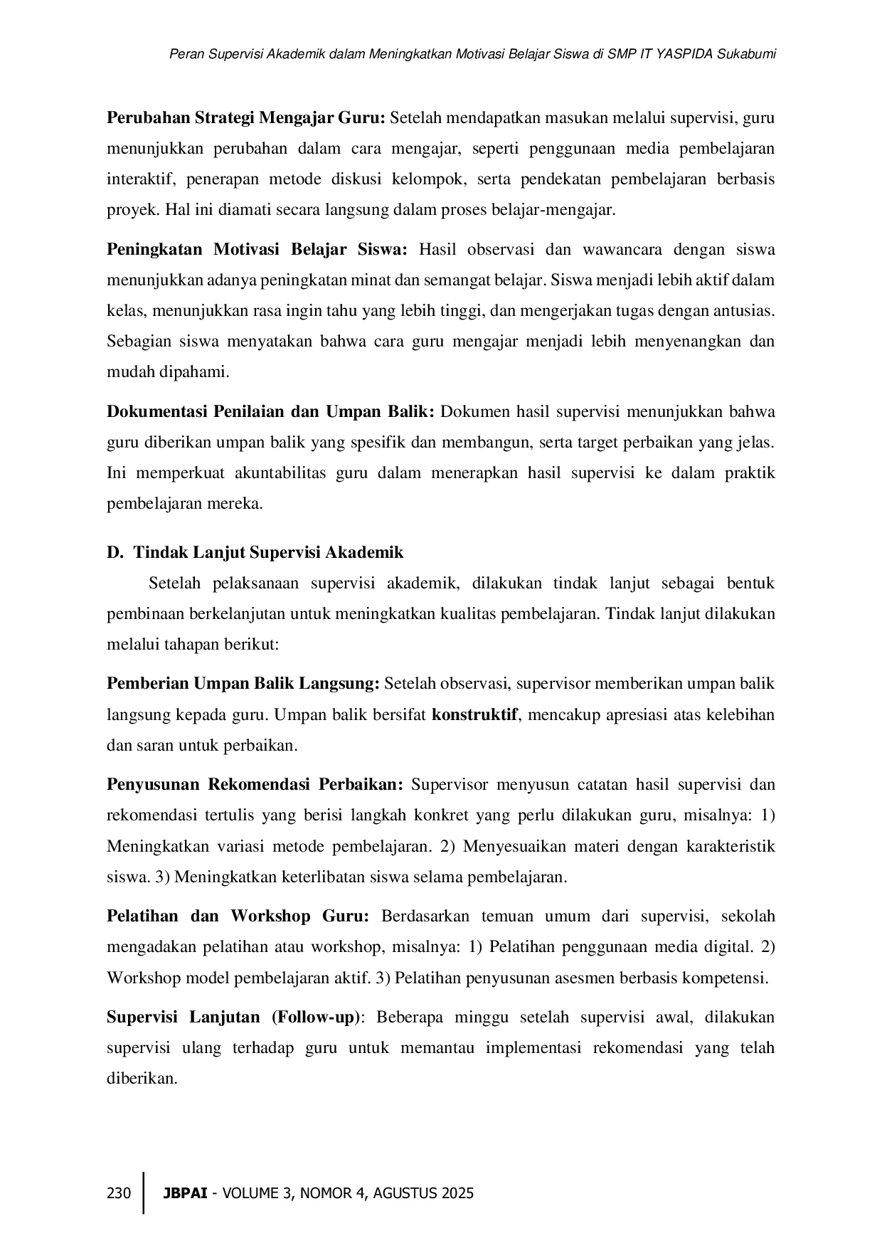 JURIS Peran Supervisi Akademik dalam Meningkatkan Motivasi Belajar Siswa di SMP IT YASPIDA Sukabumi