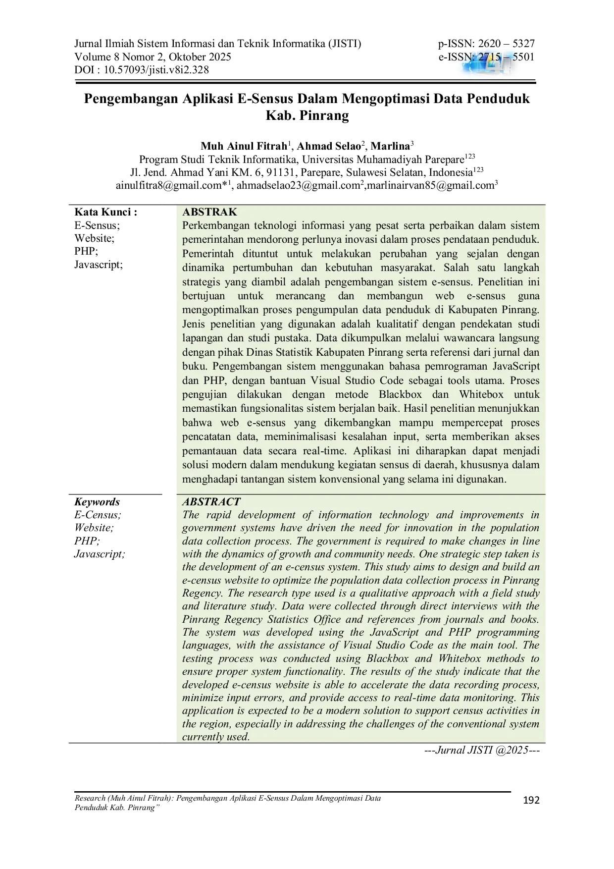 JURIS Pengembangan Aplikasi E Sensus Dalam Mengoptimasi Data Penduduk Kab Pinrang