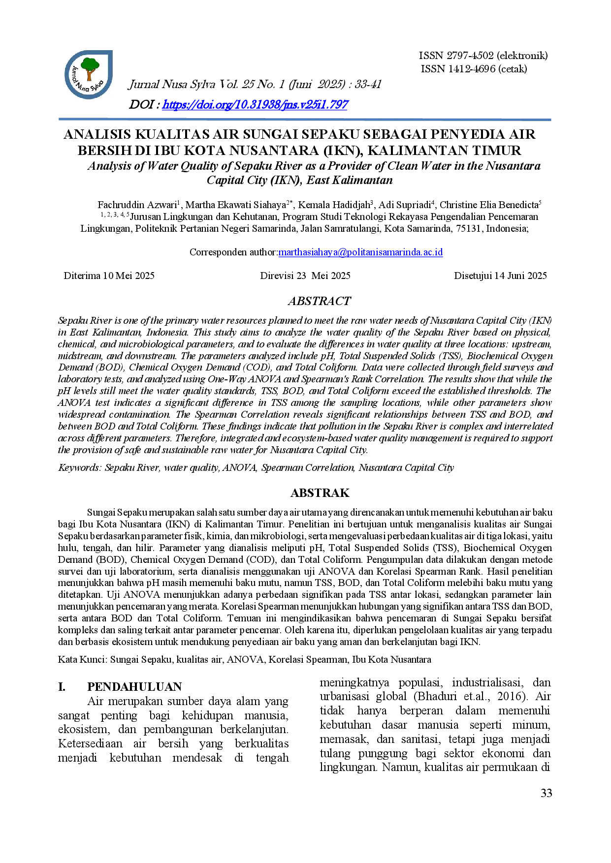 juris Analisis Kualitas Air Sungai Sepaku Sebagai Penyedia Air Bersih Di Ibu Kota Nusantara Ikn Kalimantan Timur