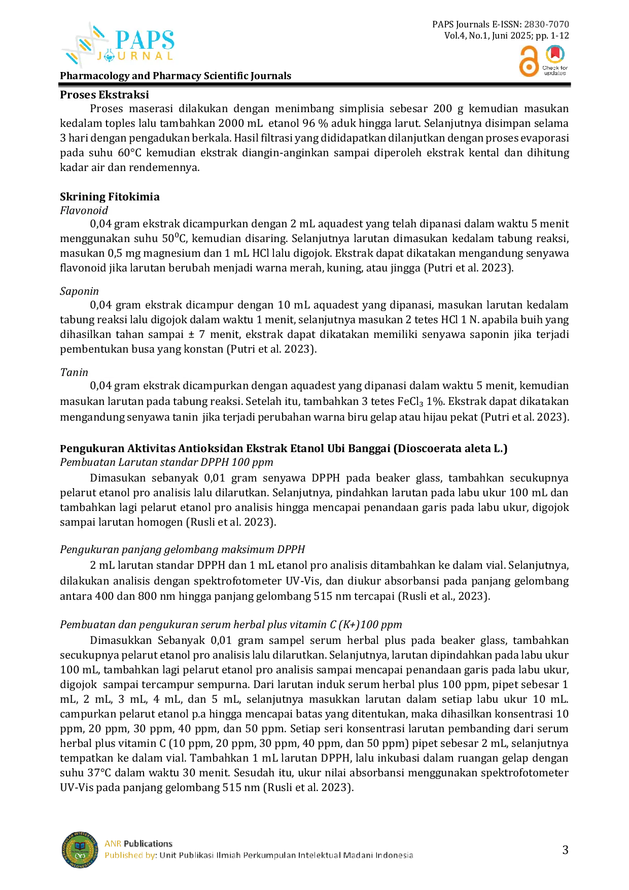 JURIS FORMULASI DAN UJI AKTIVITAS ANTIOKSIDAN SEDIAAN SERUM TANAMAN ENDEMIK KHAS BANGGAI EKSTRAK ETANOL UBI BANGGAI Dioscoerata aleta L DENGAN METODE DPPH