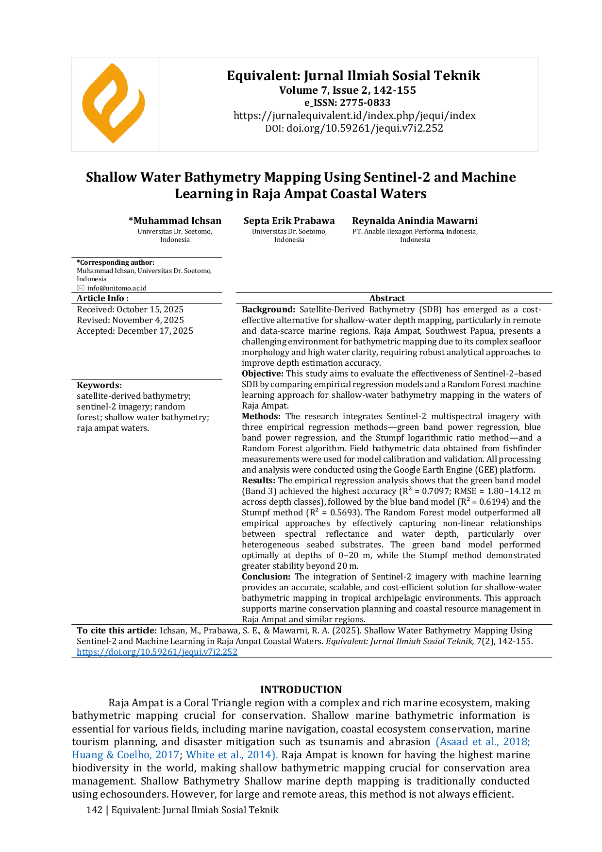 JURIS Shallow Water Bathymetry Mapping Using Sentinel 2 and Machine Learning in Raja Ampat Coastal Waters