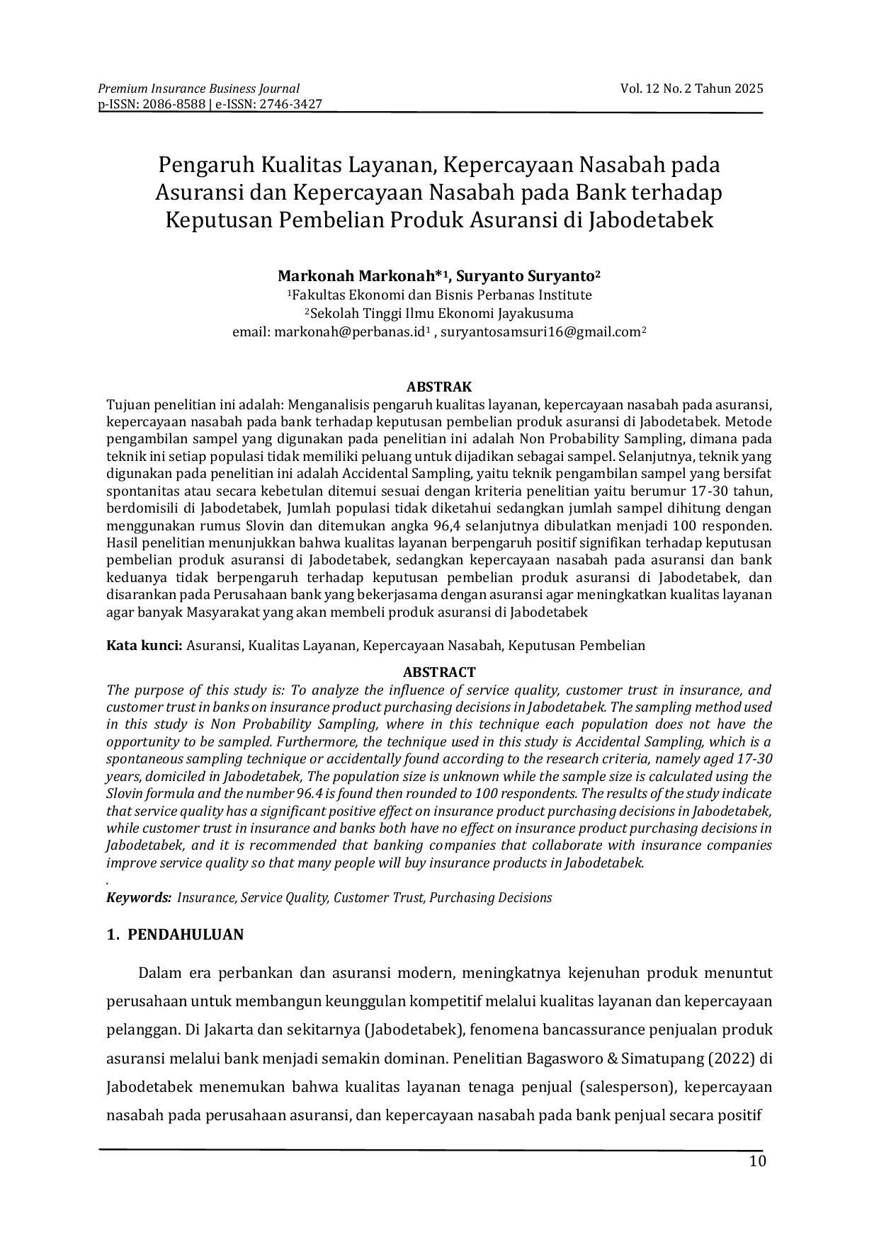 JURIS Pengaruh Kualitas Layanan Kepercayaan Nasabah pada Asuransi dan Kepercayaan Nasabah pada Bank terhadap Keputusan Pembelian Produk Asuransi di Jabodetabek