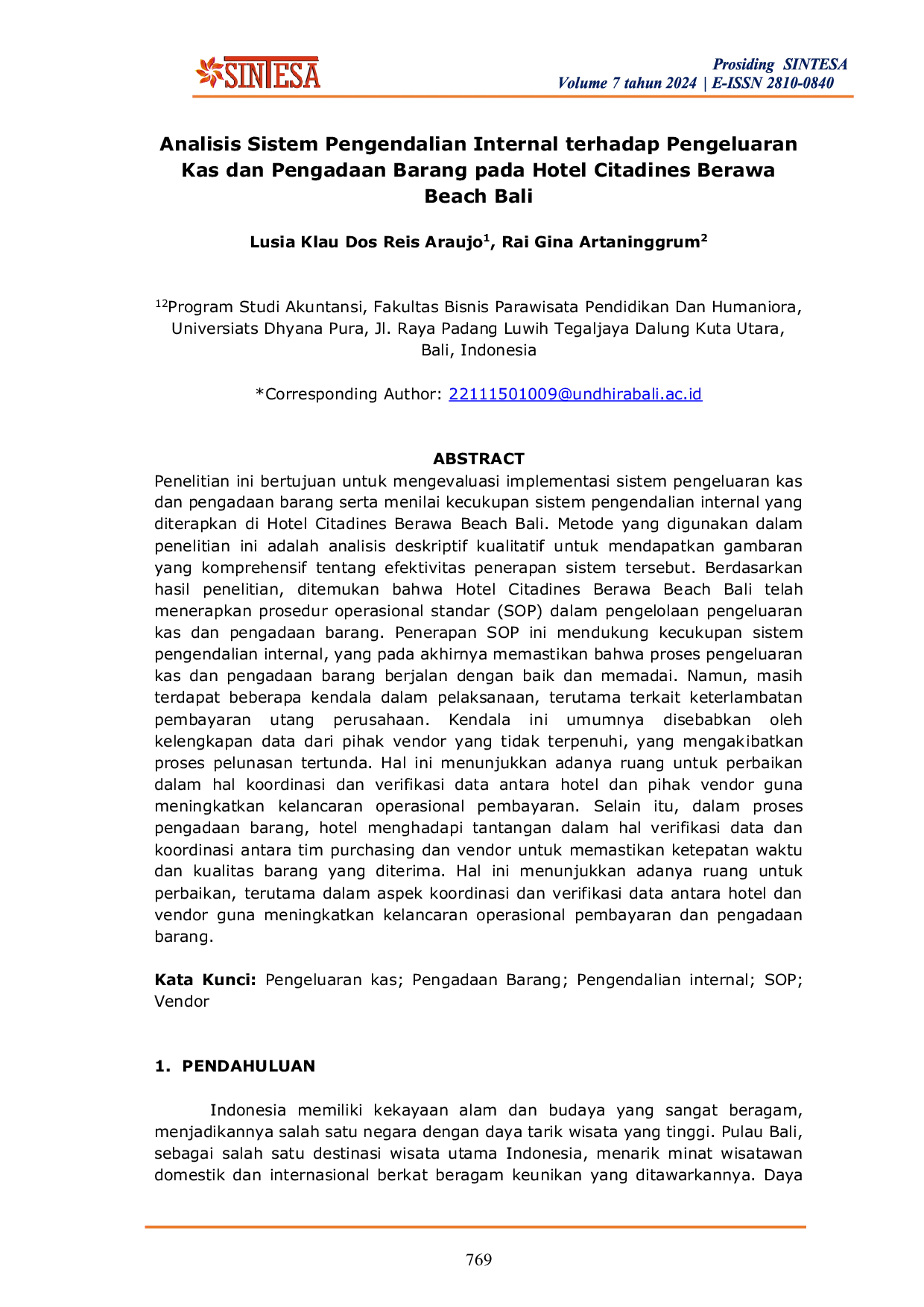 JURIS Analisis Sistem Pengendalian Internal terhadap Pengeluaran Kas dan Pengadaan Barang pada Hotel Citadines Berawa Beach Bali