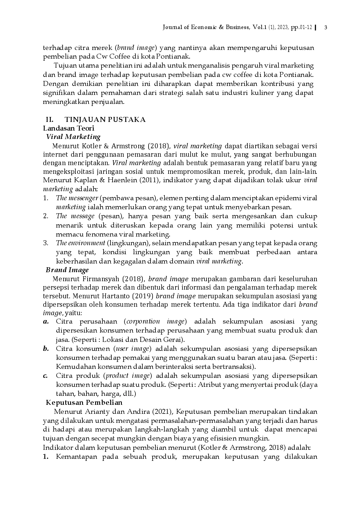 juris Pengaruh Viral Marketing dan Brand Image Terhadap Keputusan Pembelian Pada Cw Coffee di Kota Pontianak