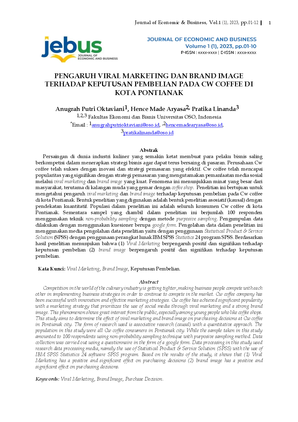 juris Pengaruh Viral Marketing dan Brand Image Terhadap Keputusan Pembelian Pada Cw Coffee di Kota Pontianak