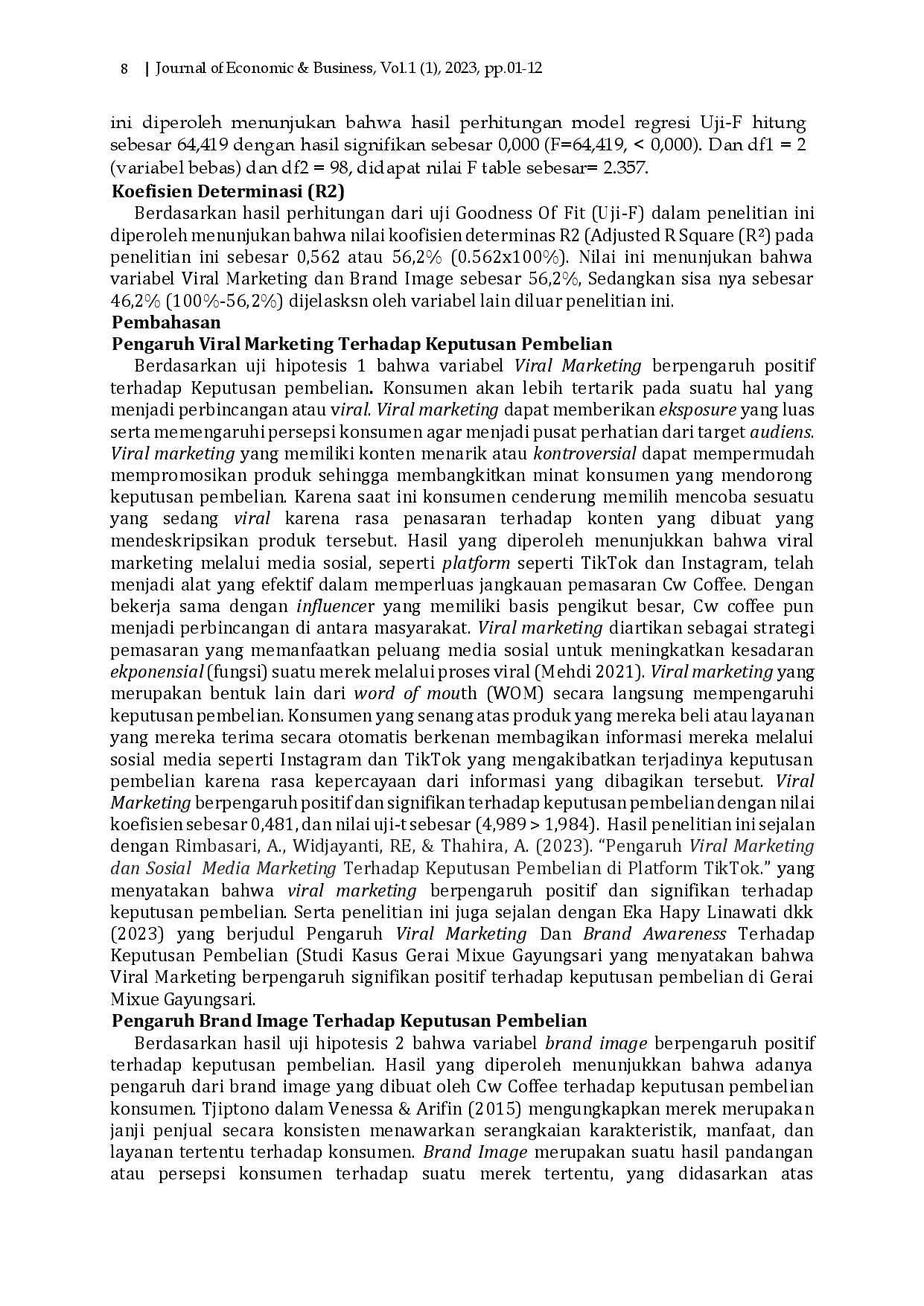 juris Pengaruh Viral Marketing dan Brand Image Terhadap Keputusan Pembelian Pada Cw Coffee di Kota Pontianak