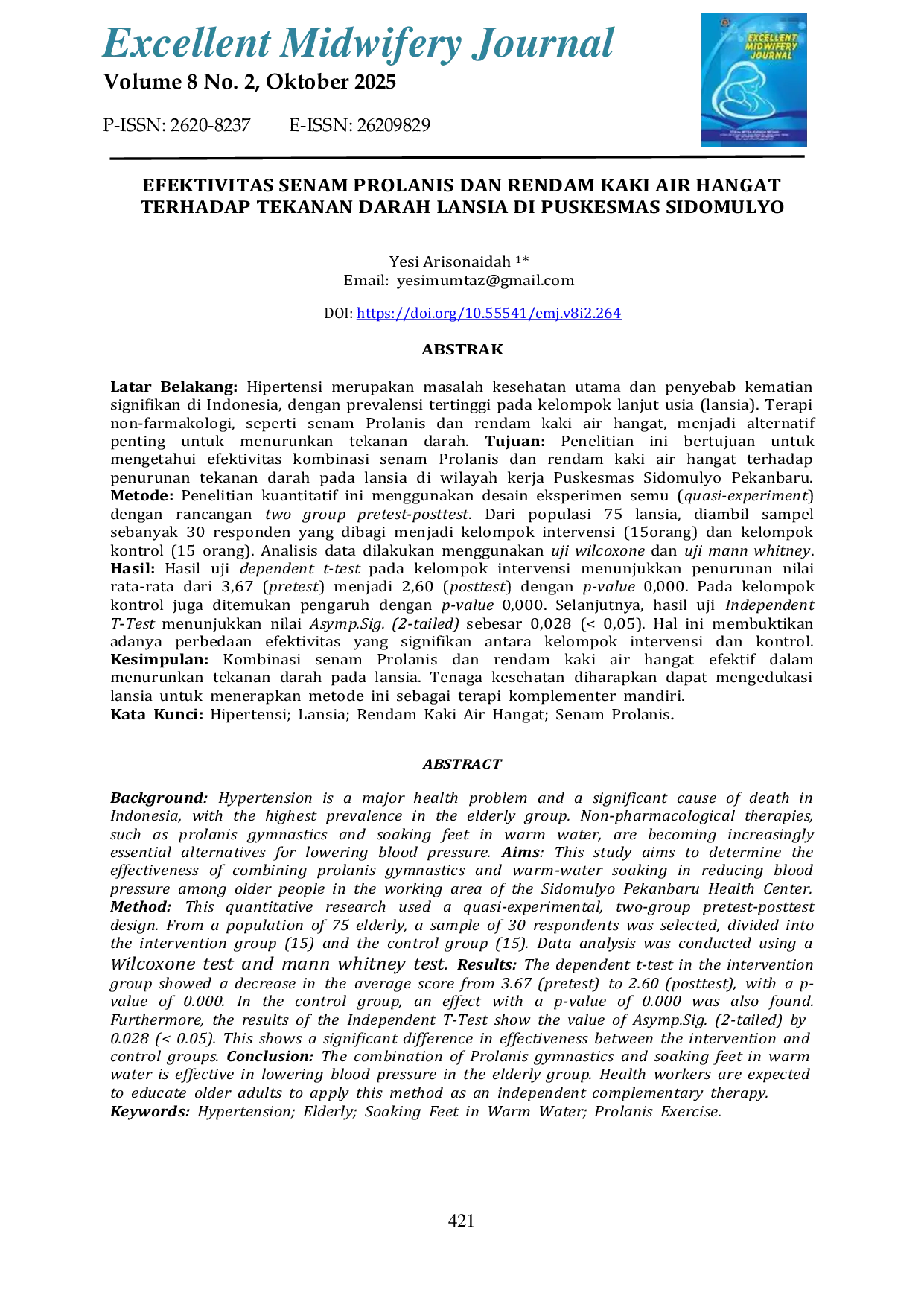 JURIS Efektivitas Senam Prolanis Dan Rendam Kaki Air Hangat Terhadap Tekanan Darah Lansia Di Puskesmas Sidomulyo