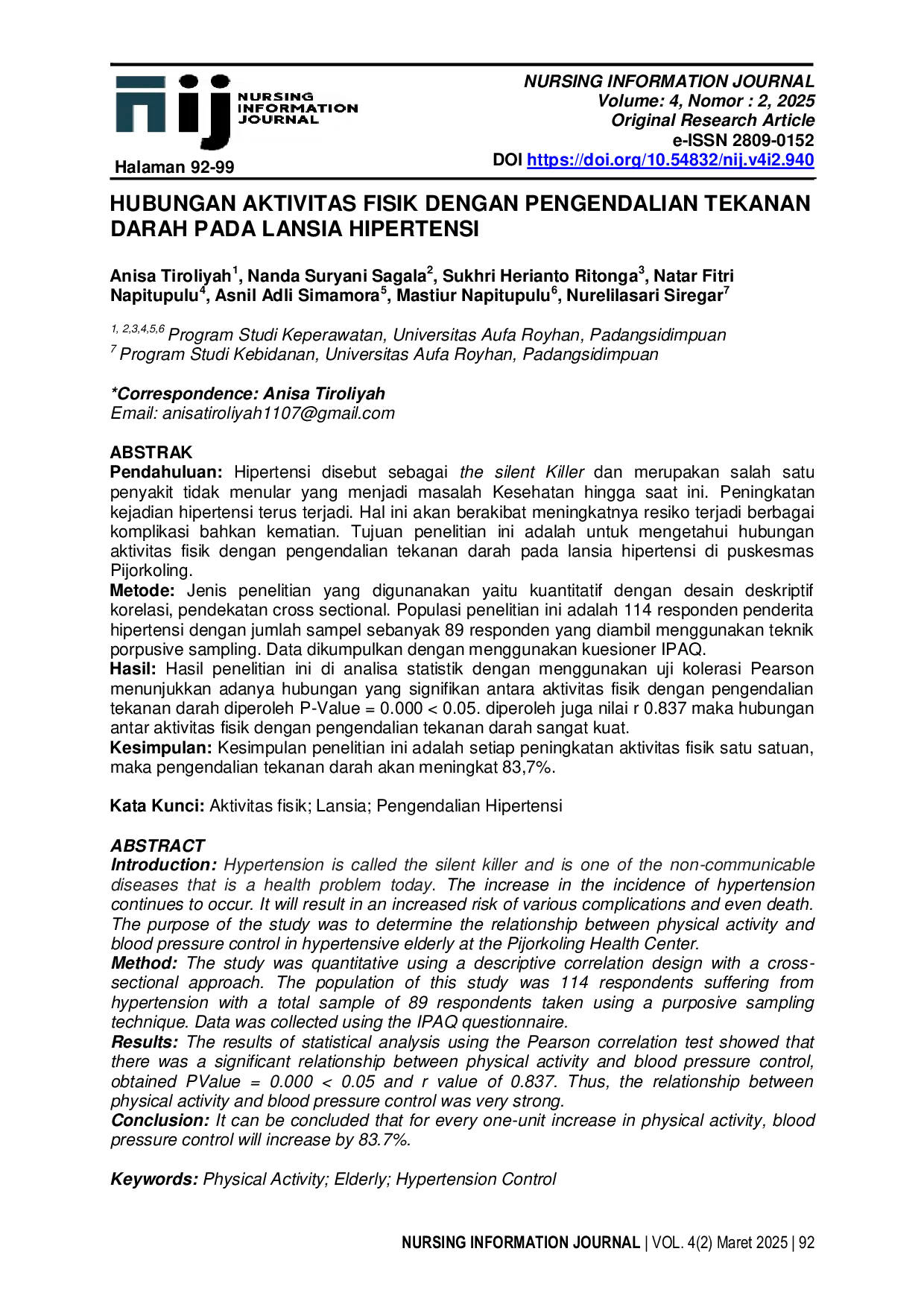 JURIS Hubungan Aktivitas Fisik dengan Pengendalian Tekanan Darah pada Lansia Hipertensi