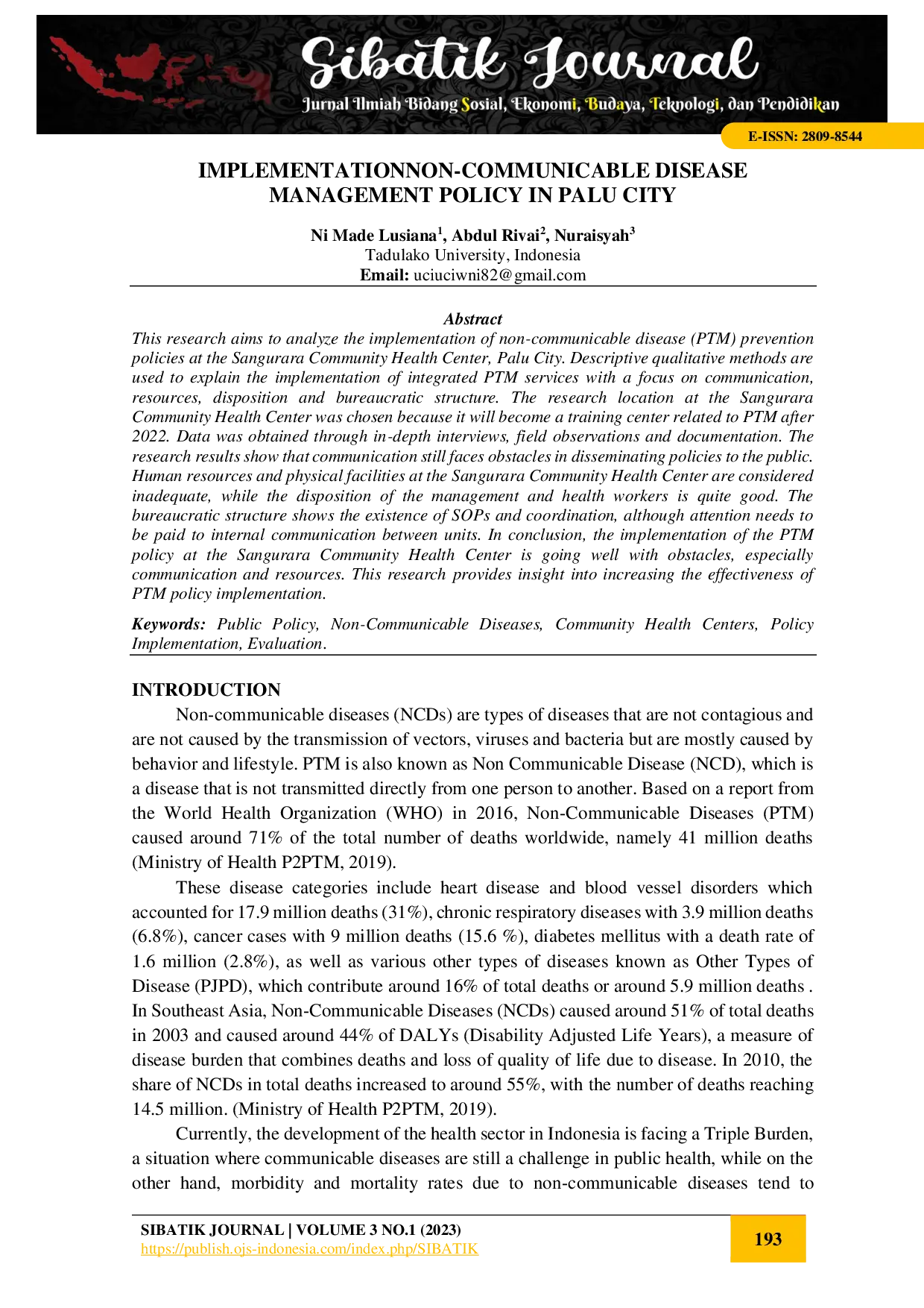 juris Implementation Non Communicable Disease Management Policy In Palu City