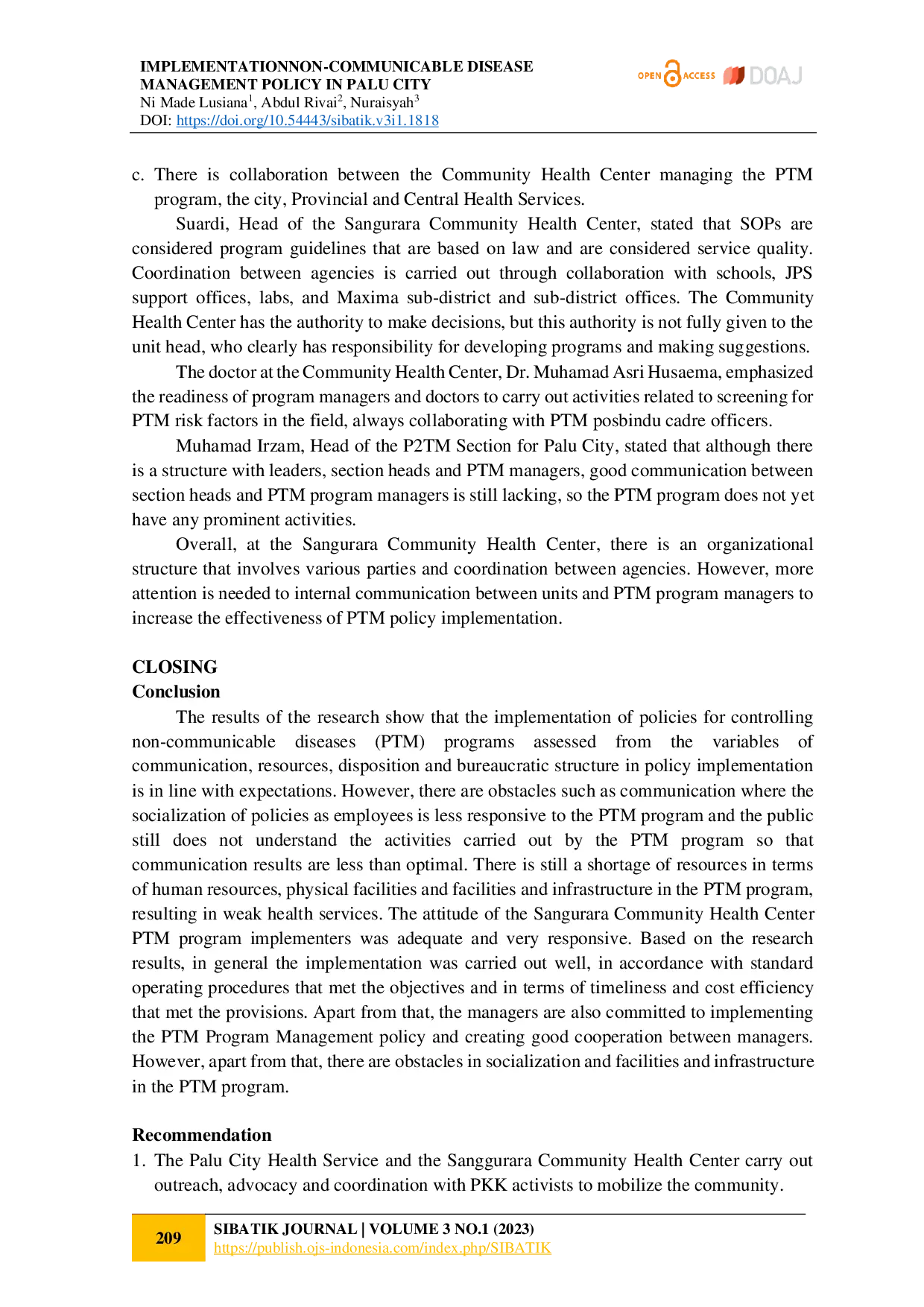 juris Implementation Non Communicable Disease Management Policy In Palu City