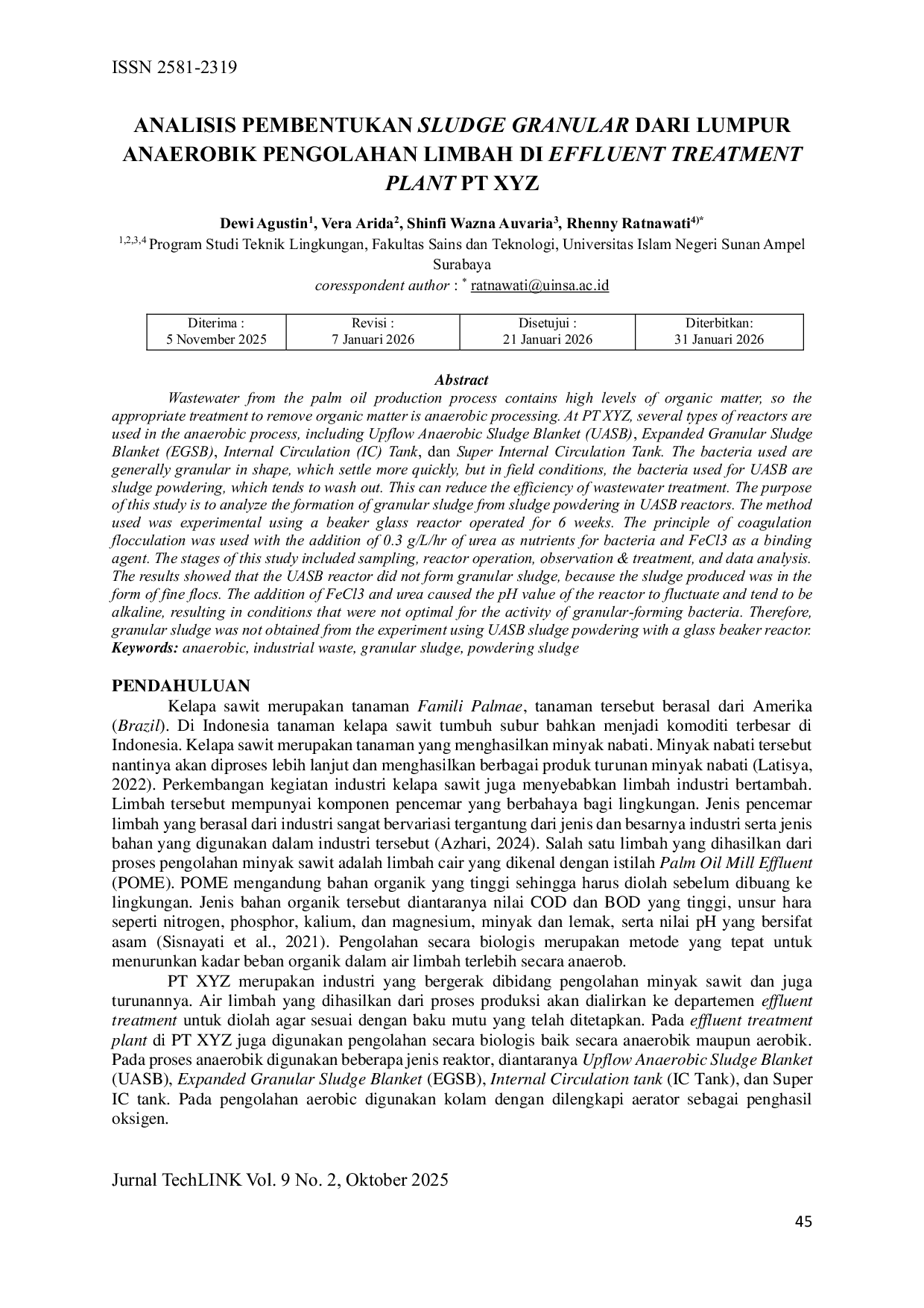 JURIS Analisis Pembentukan Sludge Granular dari Lumpur Anaerobik Pengolahan Limbah di Effluent Treatment Plant PT XYZ