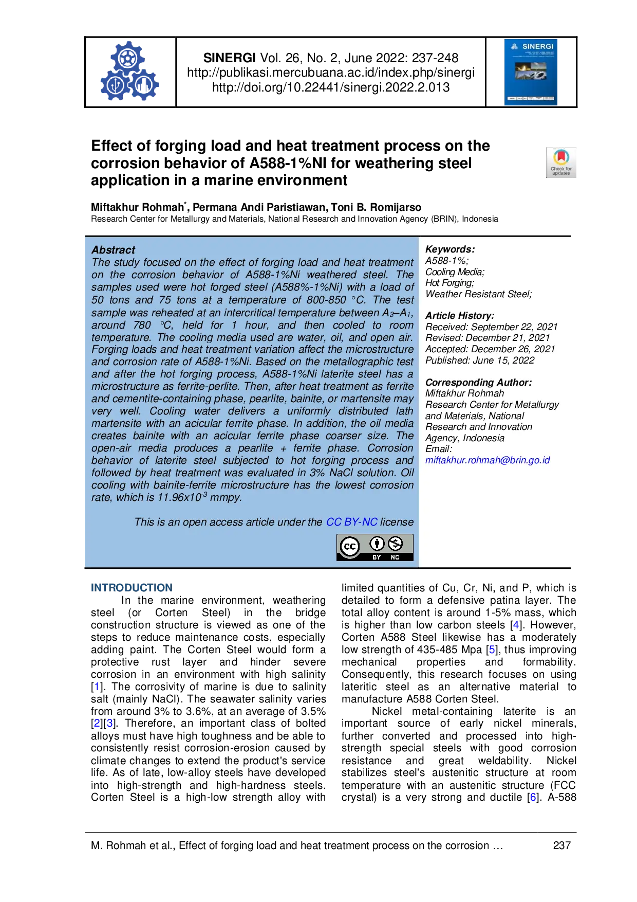 JURIS Effect of forging load and heat treatment process on the corrosion behavior of A588 1 NI for weathering steel application in a marine environment