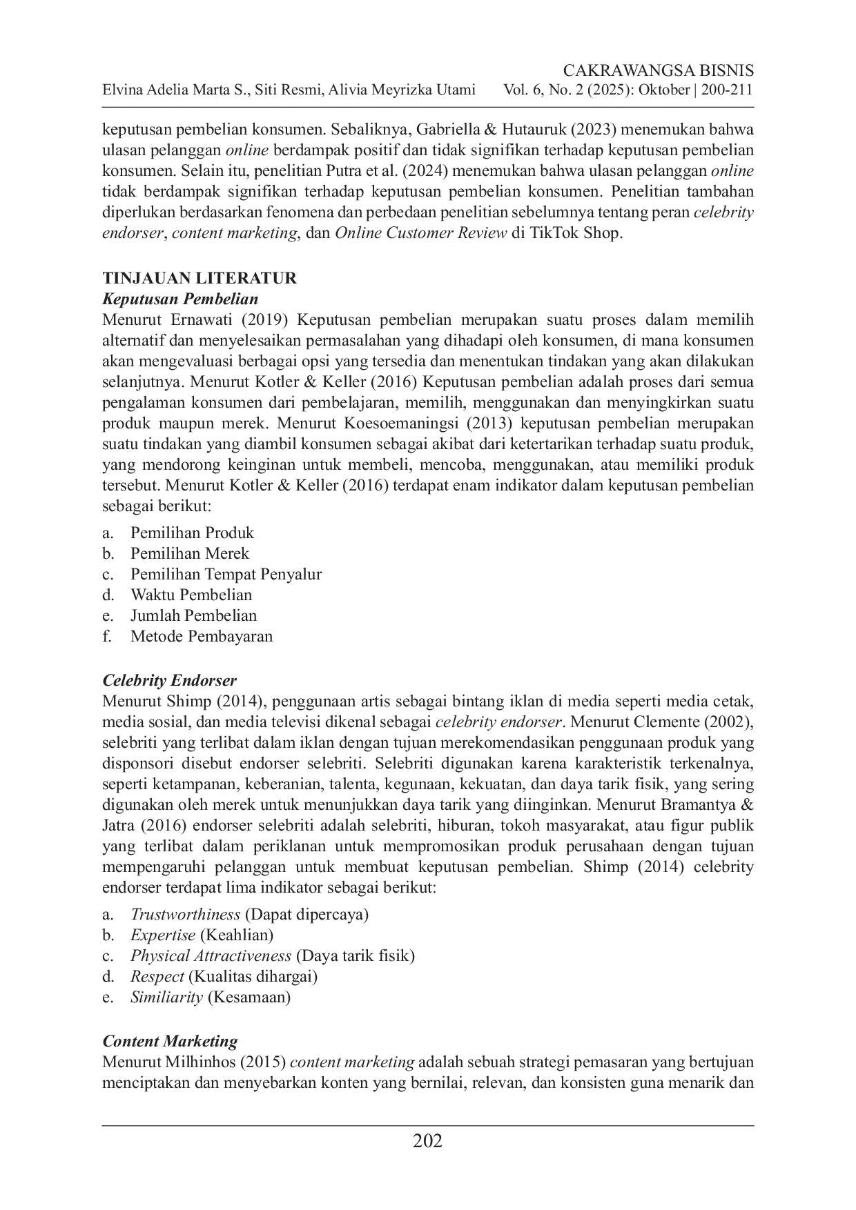 JURIS Dampak Pemasaran Digital pada Keputusan Pembelian Analisis Peran Celebrity Endorser Content Marketing dan Online Customer Review di TikTok Shop Indonesia