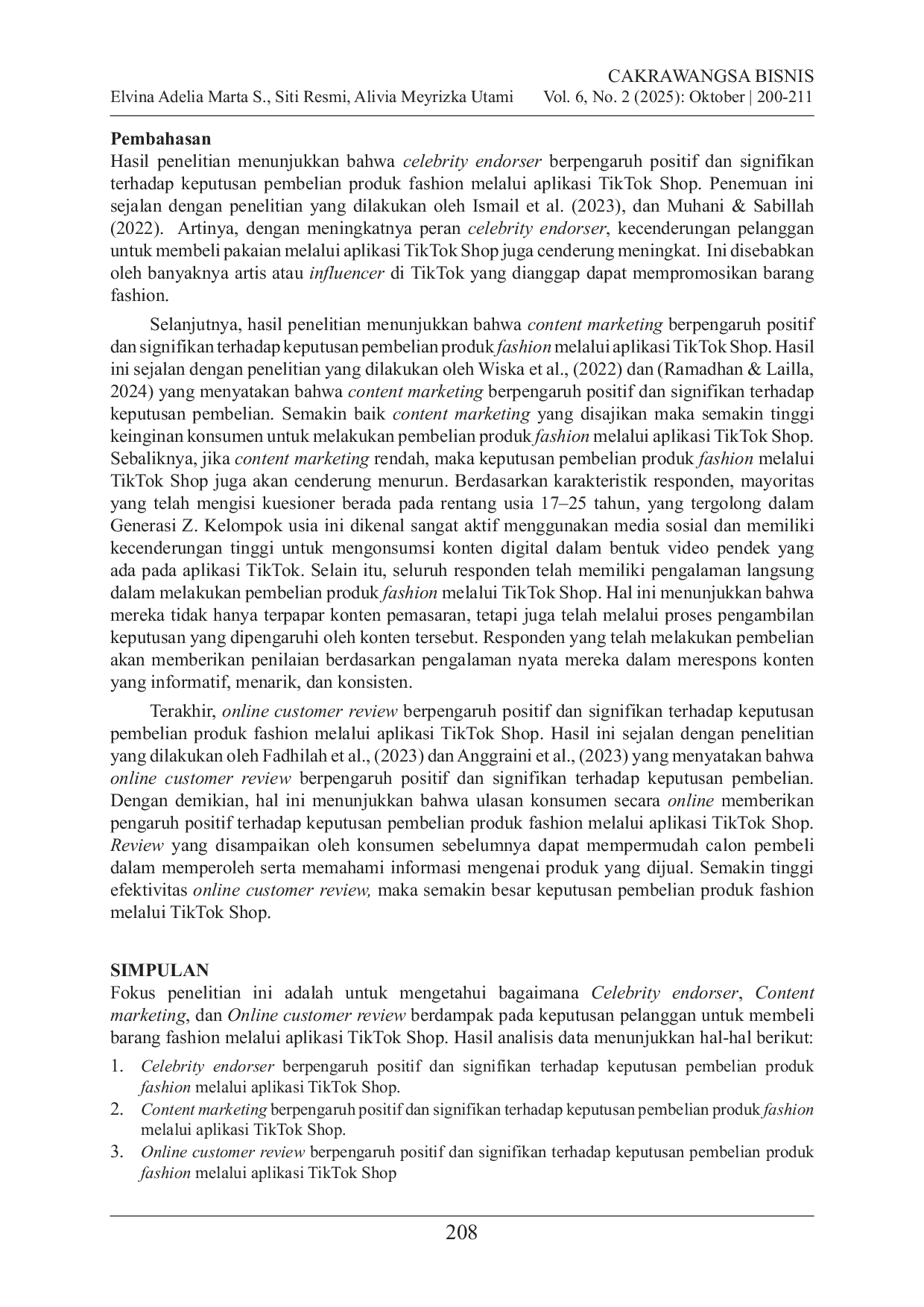 JURIS Dampak Pemasaran Digital pada Keputusan Pembelian Analisis Peran Celebrity Endorser Content Marketing dan Online Customer Review di TikTok Shop Indonesia