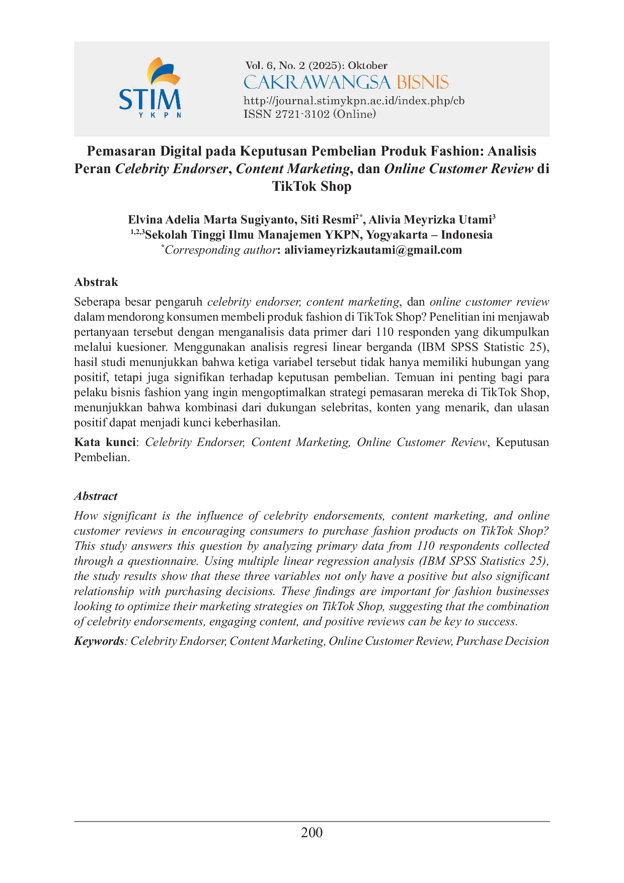 JURIS Dampak Pemasaran Digital pada Keputusan Pembelian Analisis Peran Celebrity Endorser Content Marketing dan Online Customer Review di TikTok Shop Indonesia