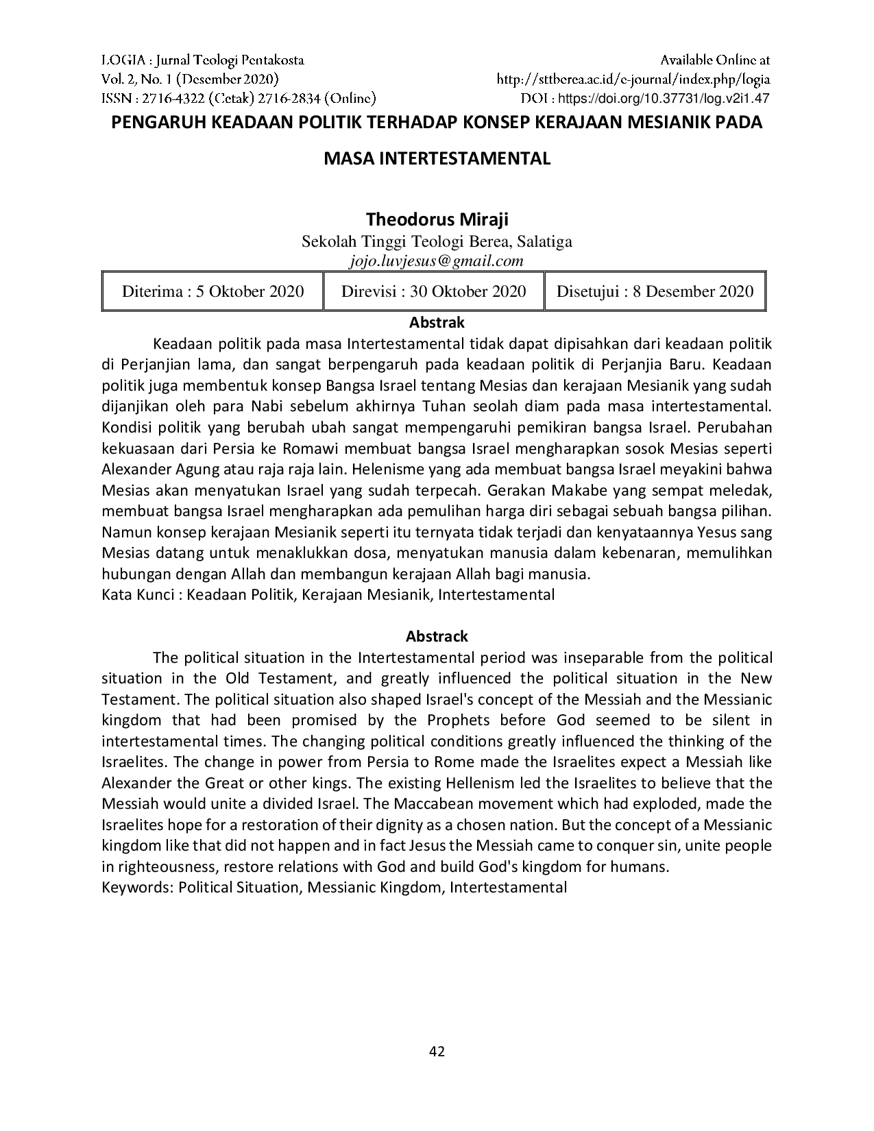 JURIS Pengaruh Keadaan Politik Terhadap Konsep Kerajaan Mesianik Pada Masa Intertestamental