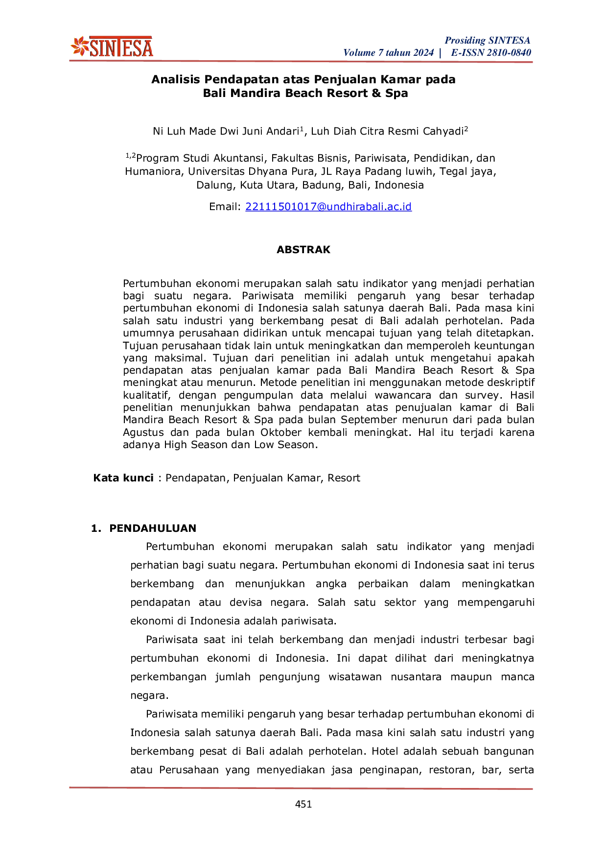 JURIS Analisis Pendapatan atas Penjualan Kamar pada Bali Mandira Beach Resort Spa