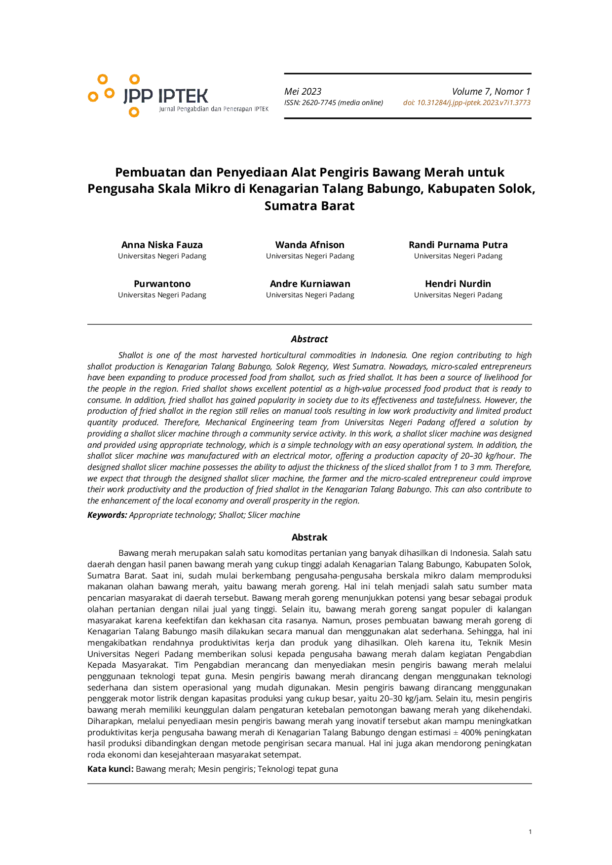 JURIS Pembuatan dan Penyediaan Alat Pengiris Bawang Merah untuk Pengusaha Skala Mikro di Kenagarian Talang Babungo Kabupaten Solok Sumatra Barat