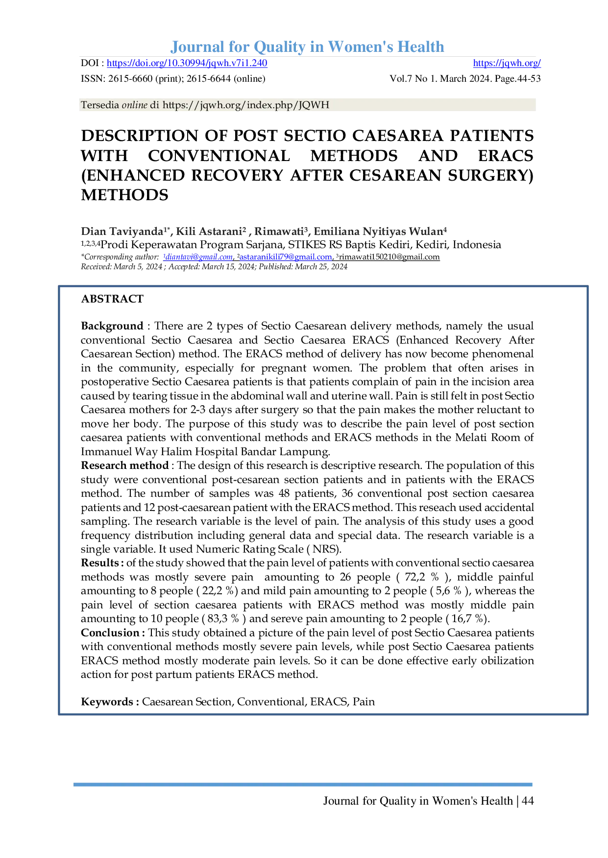 JURIS Description Of Post Sectio Caesarea Patients With Conventional Methods And Eracs Enhanced Recovery After Cesarean Surgery Methods