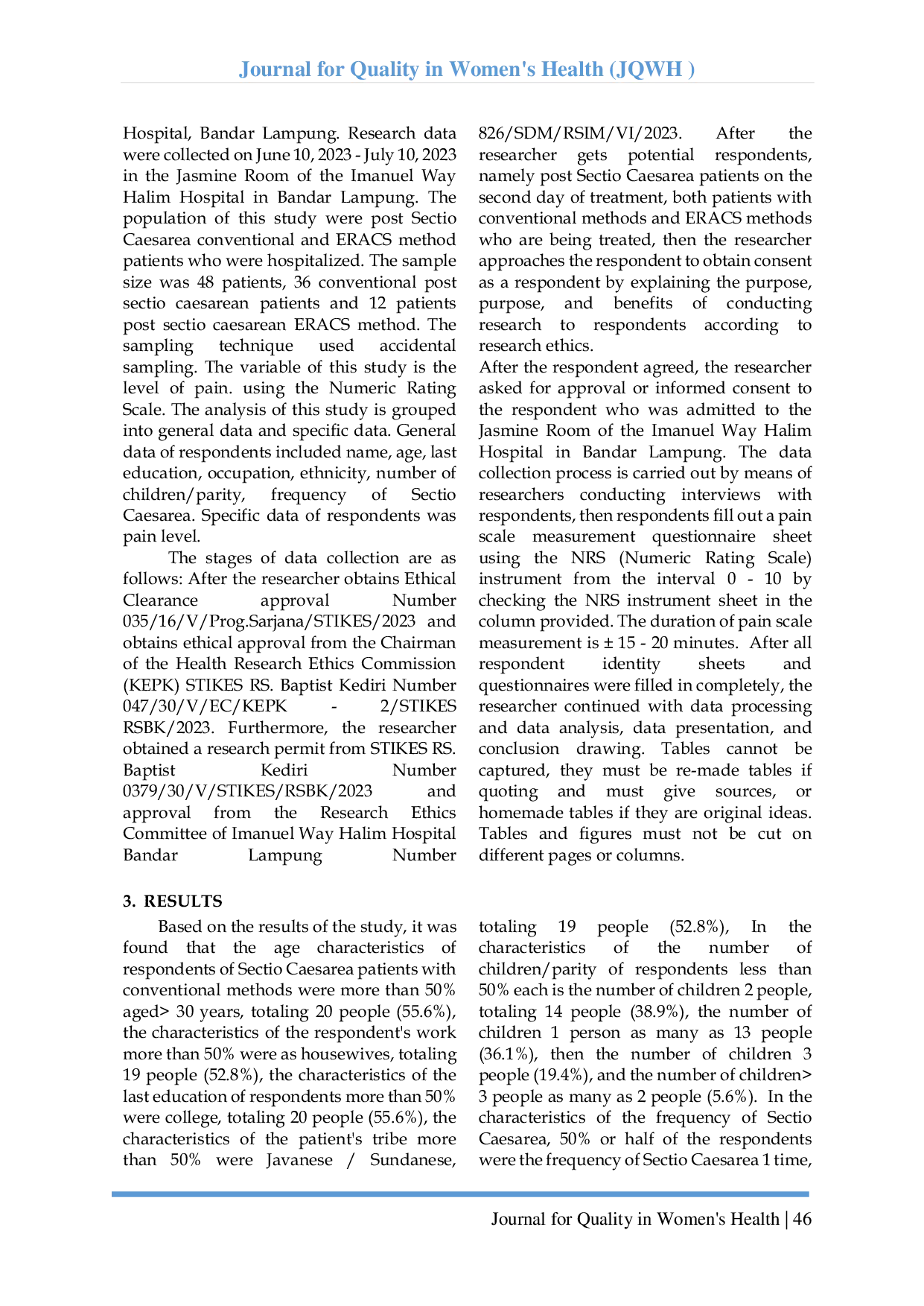 JURIS Description Of Post Sectio Caesarea Patients With Conventional Methods And Eracs Enhanced Recovery After Cesarean Surgery Methods