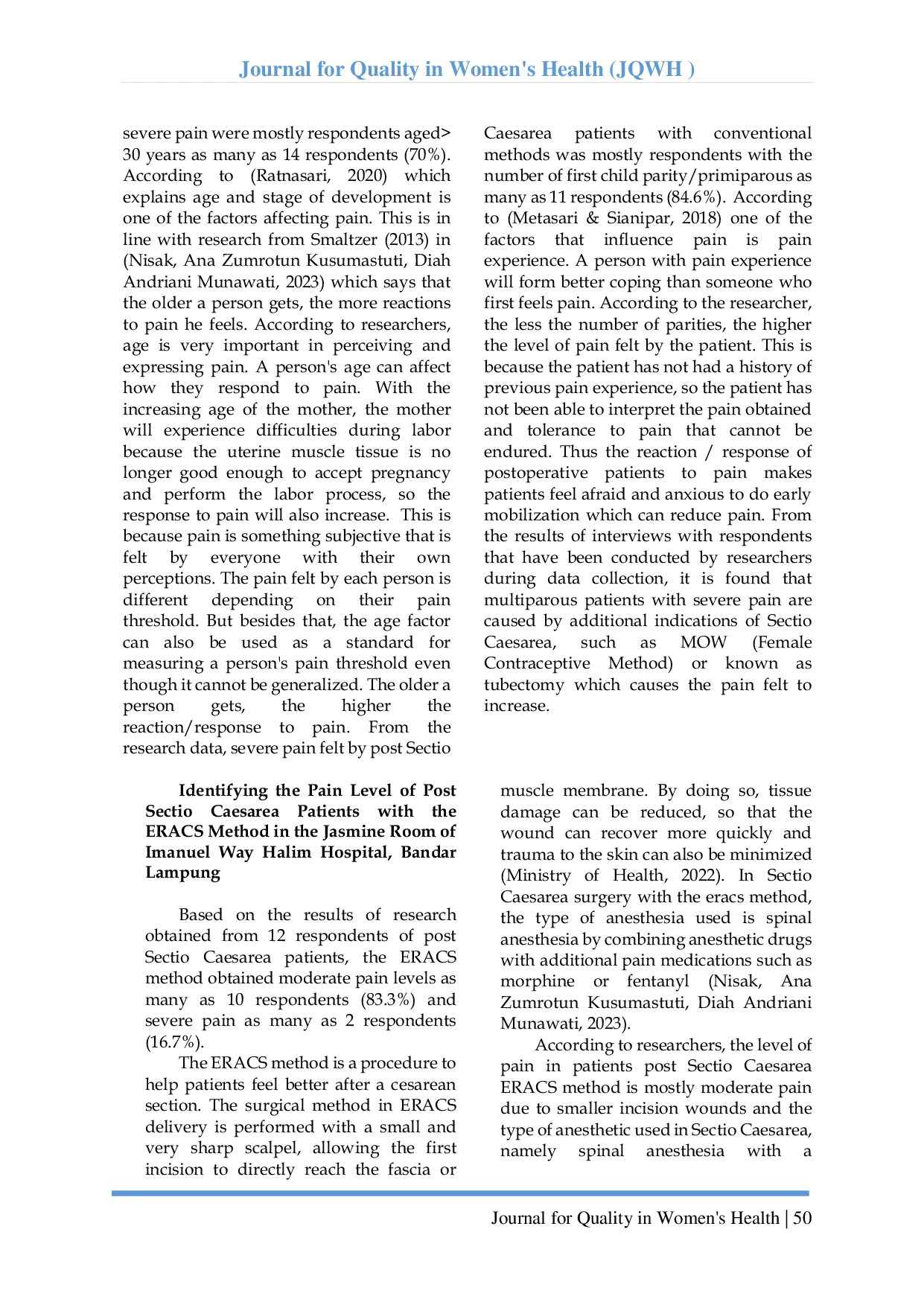 JURIS Description Of Post Sectio Caesarea Patients With Conventional Methods And Eracs Enhanced Recovery After Cesarean Surgery Methods