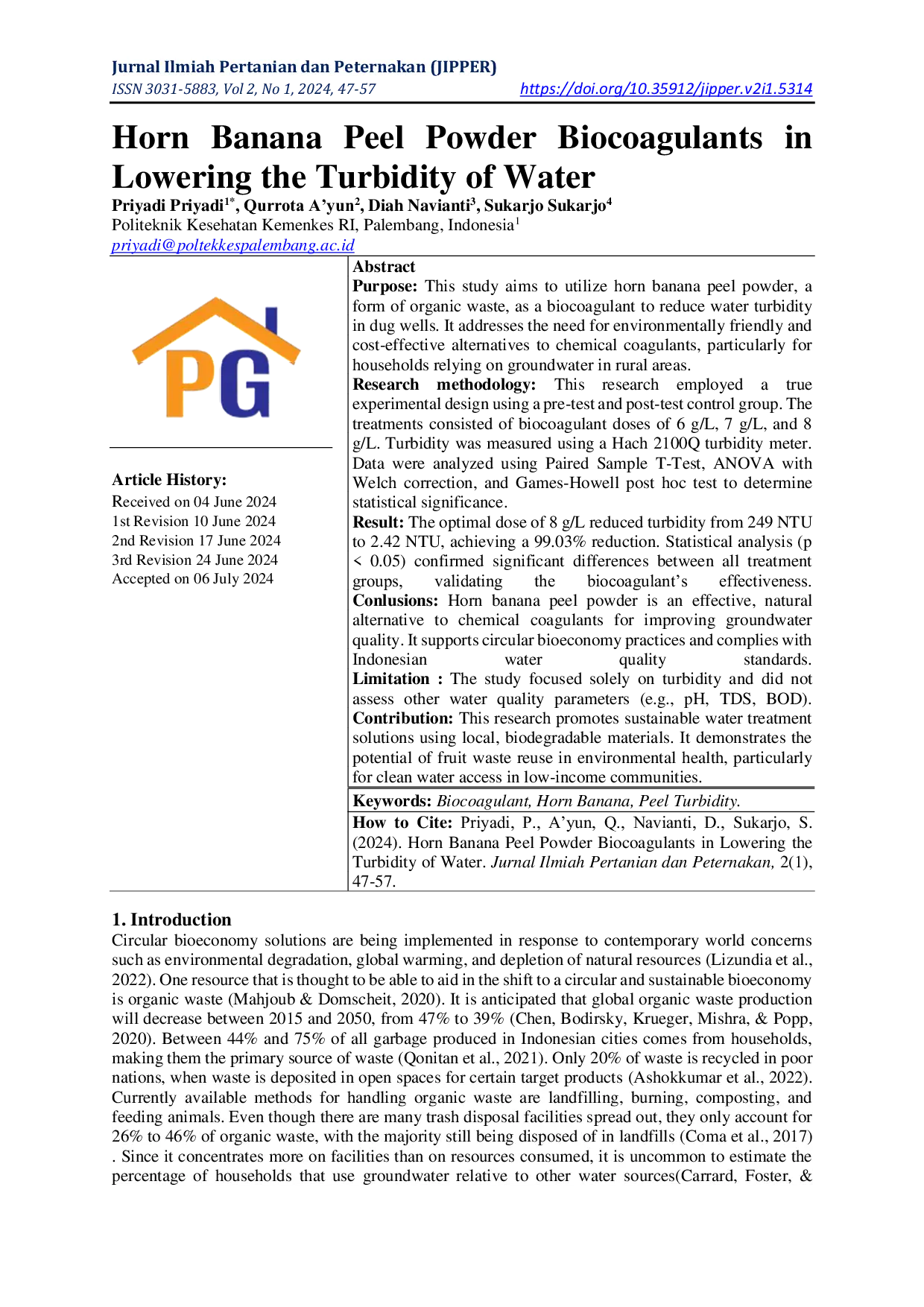 JURIS Horn Banana Peel Powder Biocoagulants in Lowering the Turbidity of Water