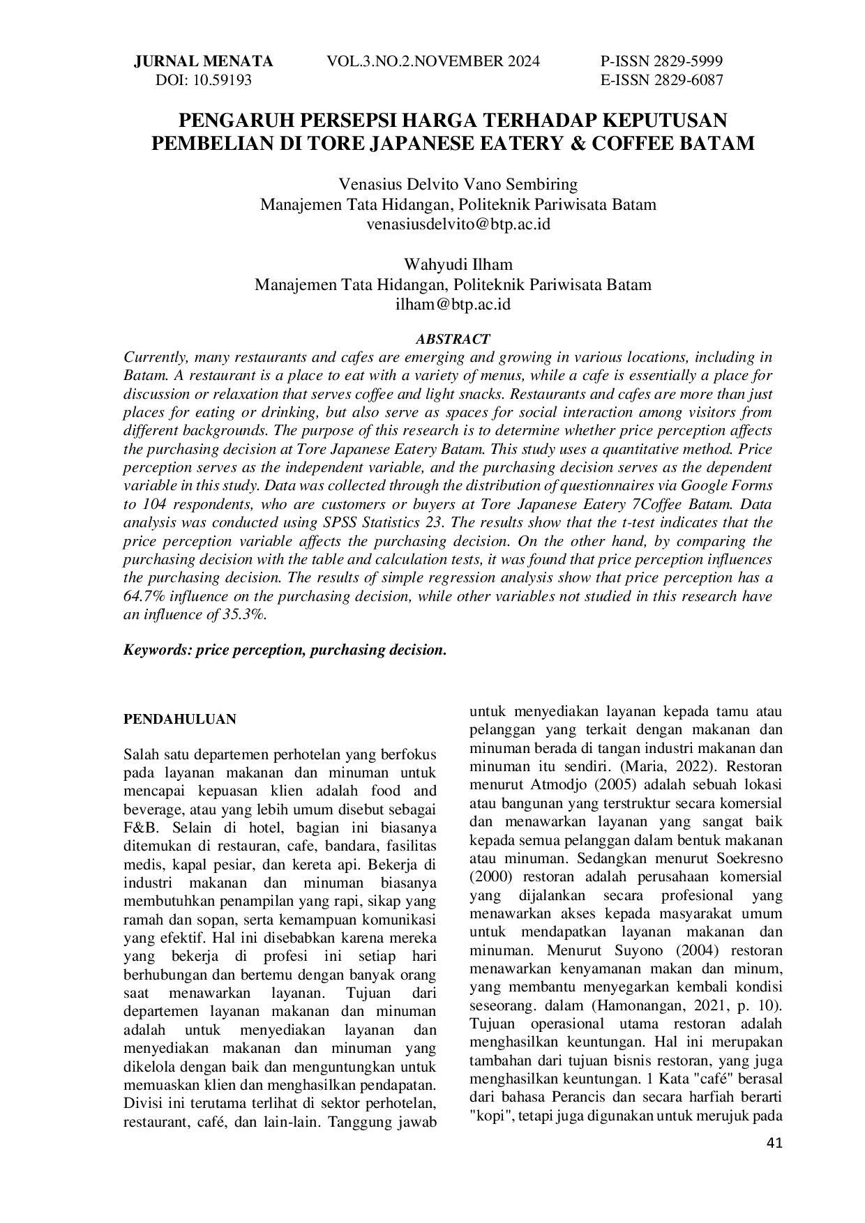 JURIS Pengaruh Persepsi Harga Terhadap Keputusan Pembelian Di Tore Japanese Eatery Coffee Batam