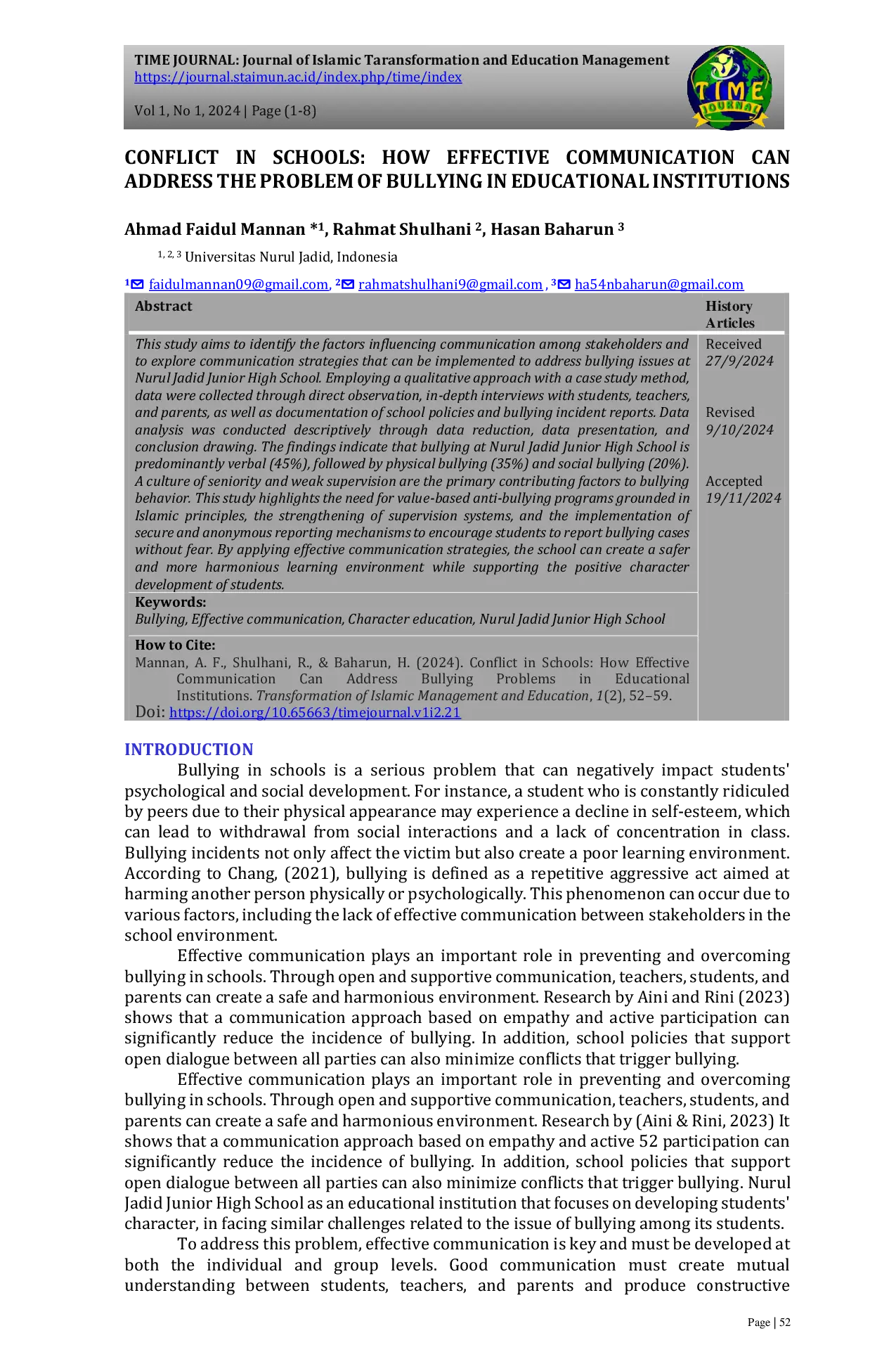 JURIS Conflict in Schools How Effective Communication Can Address Bullying Problems in Educational Institutions
