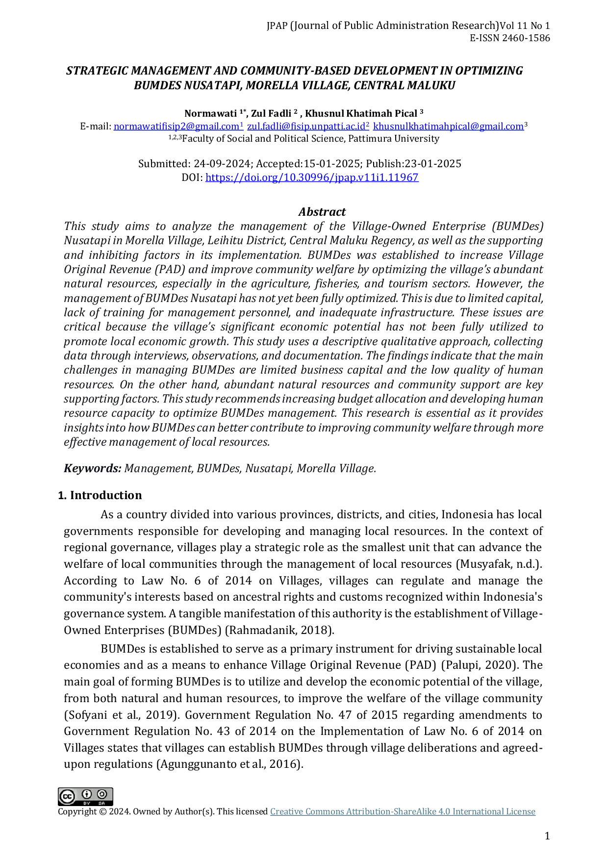 JURIS Strategic Management and Community Based Development in Optimizing BUMDes Nusatapi Morella Village Central Maluku