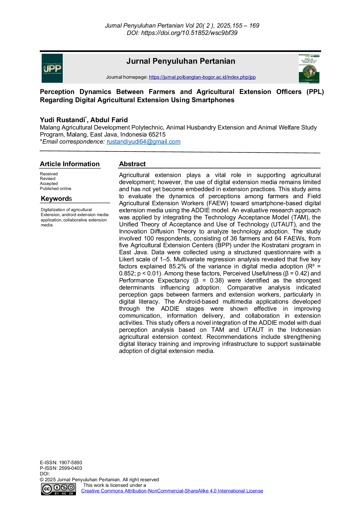 JURIS Perception Dynamics Between Farmers and Agricultural Extension Officers PPL Regarding Digital Agricultural Extension Using Smartphones