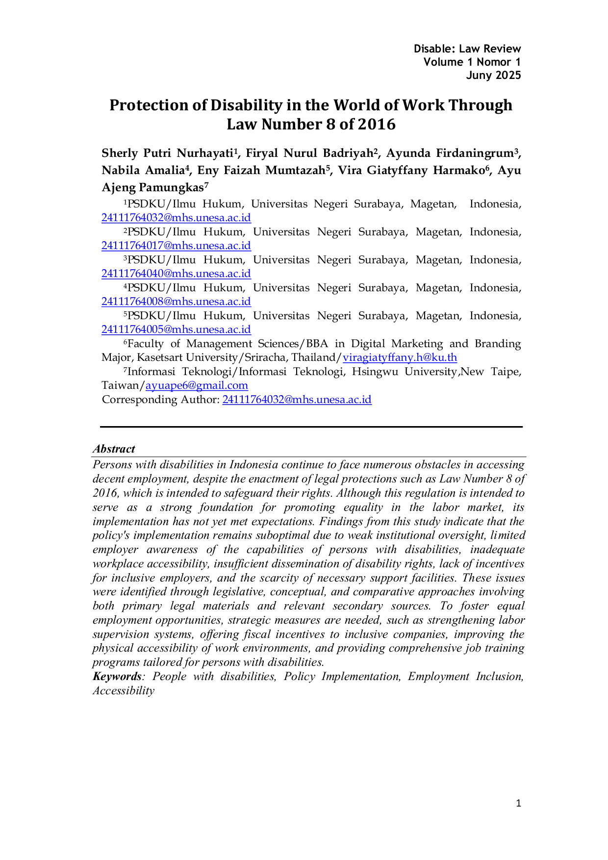 JURIS Protection of Disability in the World of Work Through Law Number 8 of 2016